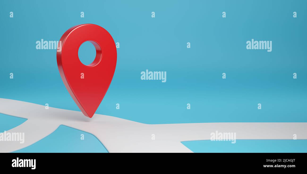 Puntatore rosso sulla mappa su sfondo blu con spazio di copia. 3d illustrazione. Foto Stock