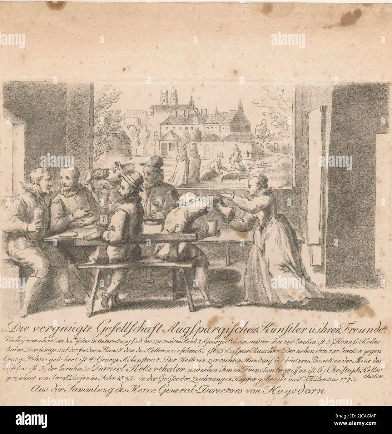 Il testo esplicativo sotto la stampa identifica gli individui come: George Peham Beham?, Hans Kellerthaler, Caspar Raucher, George Hebenstreit, Daniel Kellerthaler e Christoph Kellerthaler Stampa dopo un disegno di Jacob Beyer del 1593, dalla collezione di Christian Ludwig von Hagedorn, Society of Augsburg Artists, 1593 Die vergn, Print maker: Christian Friedrich Boëtius, (menzionato sull'oggetto), relatore intermediario: Jacob Beyer, (menzionato sull'oggetto), Dresda, 1773, carta, h 153 mm - l 183 mm Foto Stock