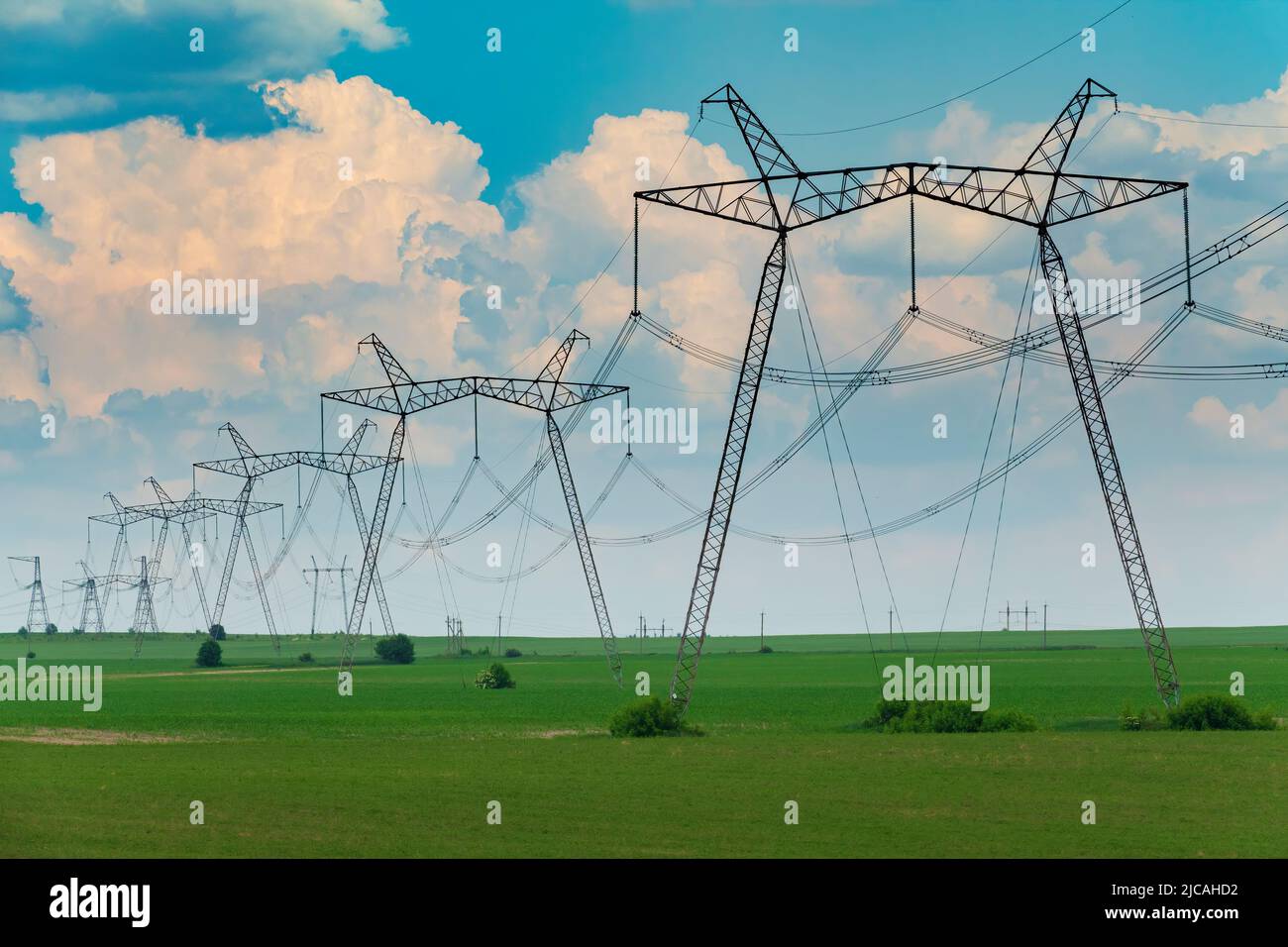Fila di piloni di supporto della linea elettrica sul campo di campagna. Apparecchiature per il passaggio di energia Foto Stock