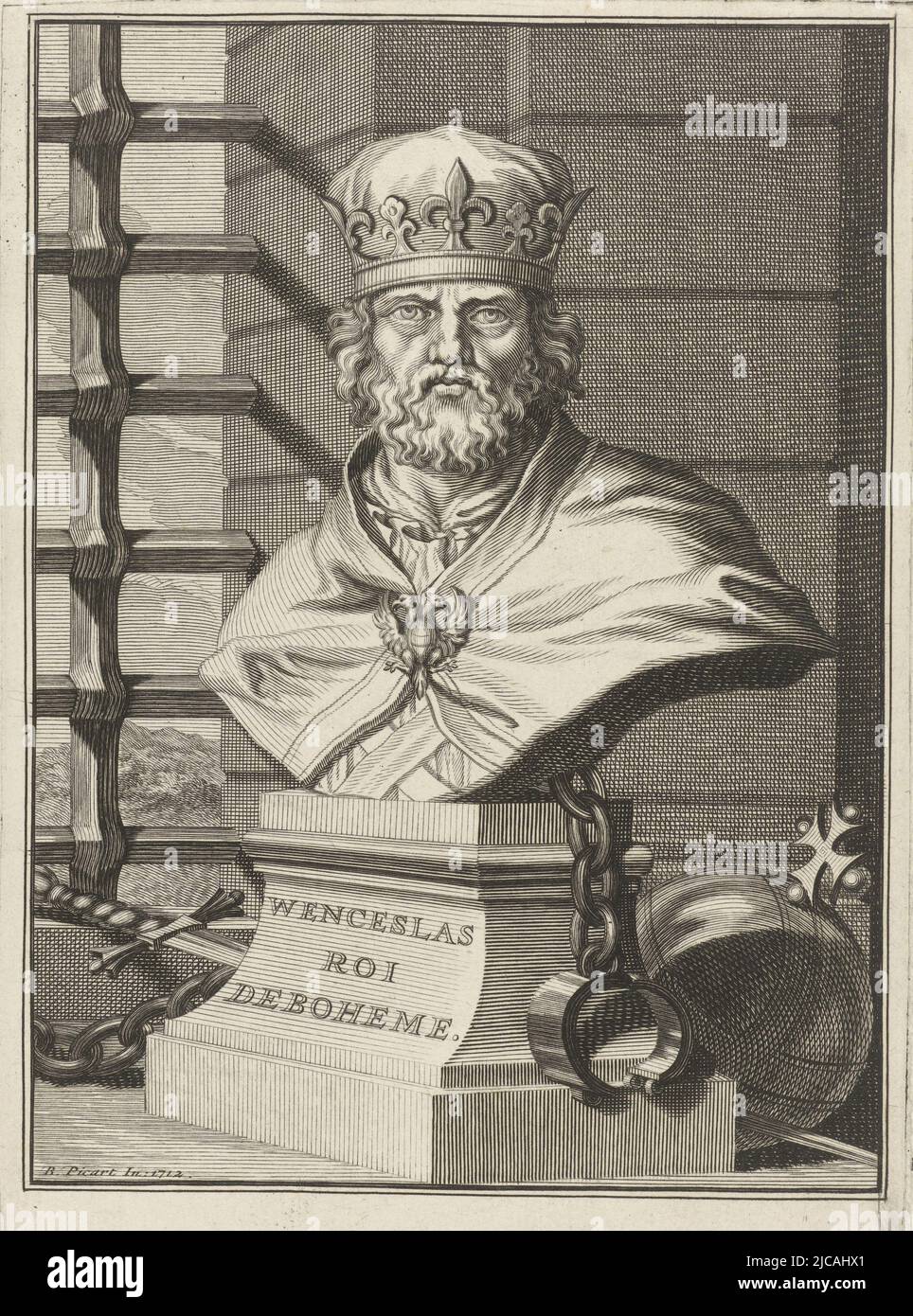 Busto di Venceslao, re di Boemia sul suo mantello il segno dell'Ordine dell'Aquila Bianca dietro il busto è una mela imperiale, busto di Venceslao di Boemia, tipografo: Bernard Picart, (laboratorio di), Bernard Picart, (menzionato in oggetto), Amsterdam, 1712, carta, incisione, incisione, h 205 mm x l 147 mm Foto Stock