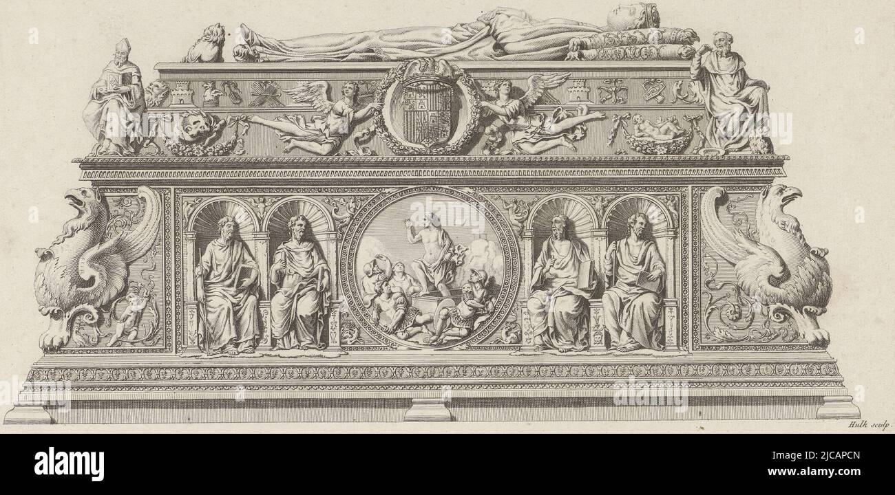 Tomba di pellegrinaggio per Ferdinando II i Cattolici e Isabella i i Cattolici in cima alla scultura sepolcrale reclinabile di Isabella sopra al centro lo stemma di Ferdinando II tra due angeli nel tondo in basso al centro la risurrezione di Cristo a sinistra e a destra Di questa rappresentazione quattro santi, Tomba per Ferdinando II il cattolico, re d'Aragona e Isabella i il cattolico, regina di Castiglia, stampatore: Abraham Jacobsz. Hulk, (menzionato sull'oggetto), 1766 - 1817, carta, incisione, incisione, a 221 mm x l 341 mm Foto Stock