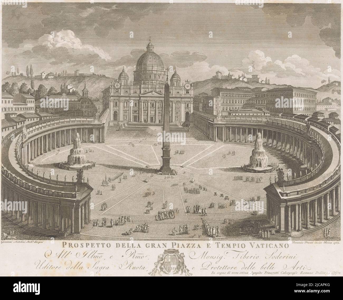 Vista della Basilica di San Pietro e di Piazza San Pietro nella Città del Vaticano a destra dietro la piazza il titolo del Palazzo Apostolico e la dedicazione in italiano a margine inferiore, vista della Basilica di San Pietro e di Piazza San Pietro, Città del Vaticano Prospetto della gran Piazza e Tempio Vaticano , tipografo: Domenico Pronti, (citato in oggetto), relatore intermediario: Giovanni Antolini, (citato in oggetto), Agapito Franzetti, (citato in oggetto), tipografo: Roma, Relatore intermedio: Italia, 1789, carta, incisione, h 344 mm x l 444 mm Foto Stock