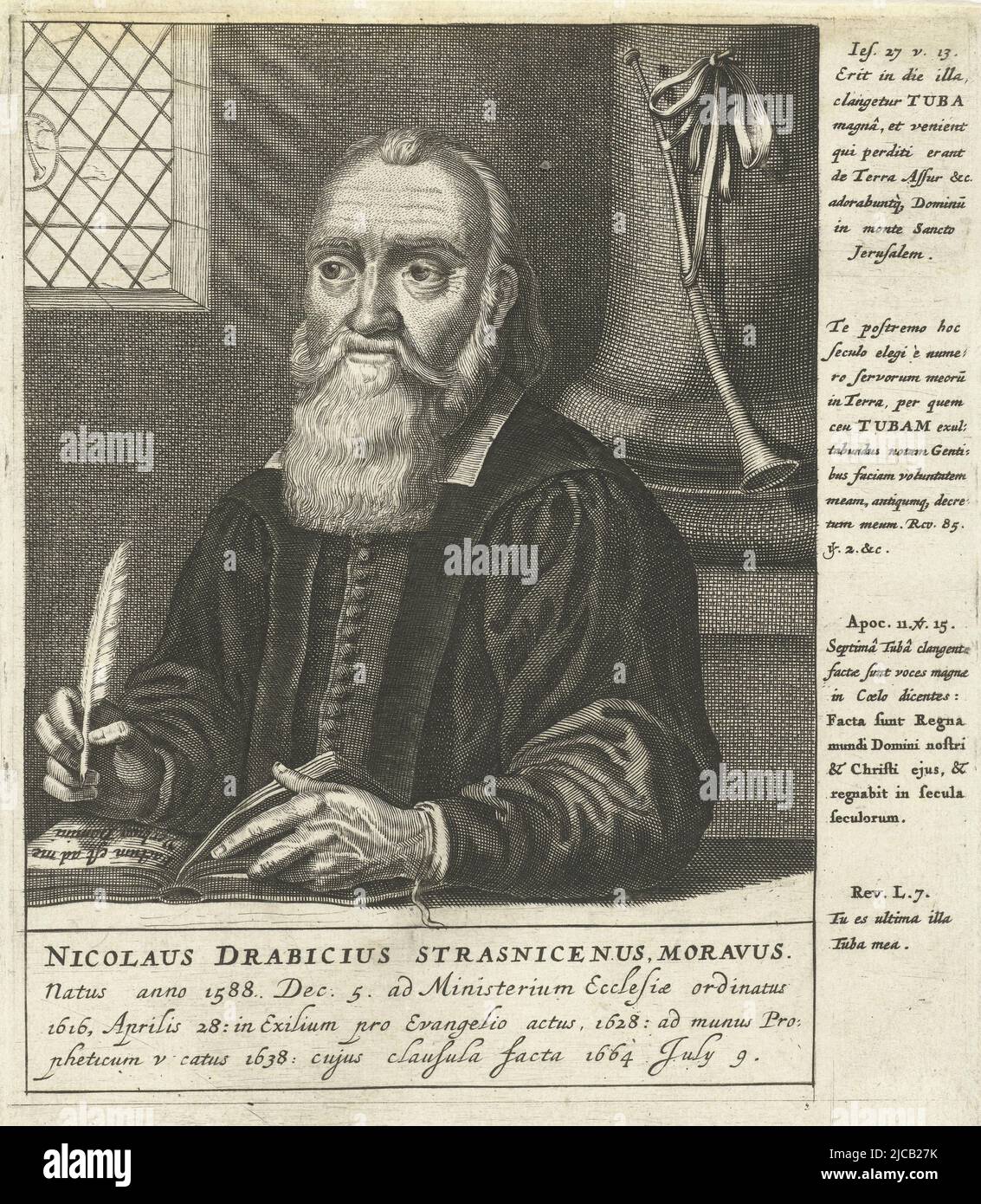 Ritratto di Nikolaus Drabik scrittura nel libro l'iscrizione cita alcuni fatti della sua vita e una colonna accanto all'immagine mostra testi biblici, Ritratto di Nikolaus Drabik Nicolaus Drabicius Strasnicenus Moravus , tipografia: Franois van Bleyswijck, Leiden, 1681 - 1746, carta, incisione, incisione, a 181 mm x l 153 mm Foto Stock