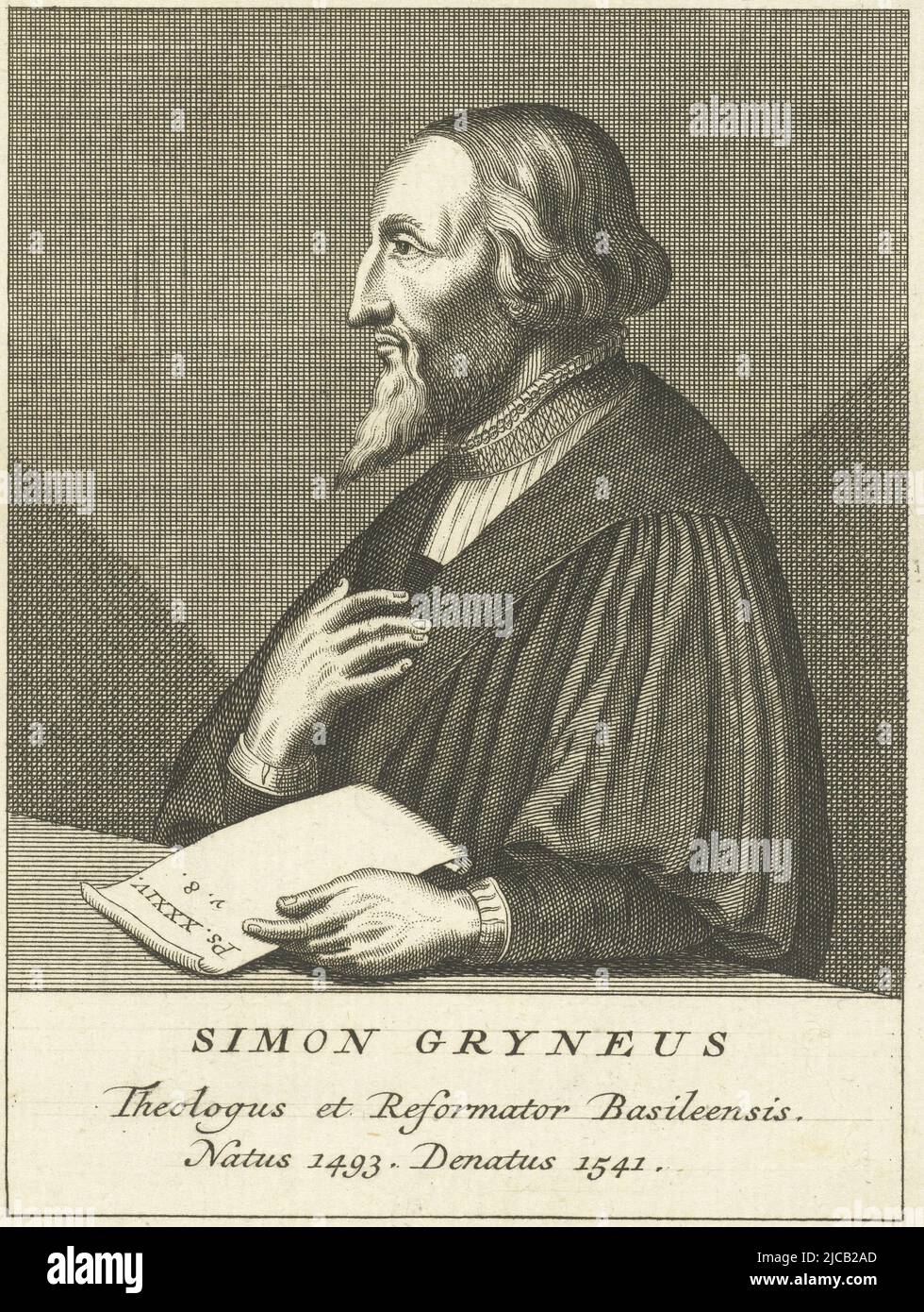 Ritratto del teologo e riformatore svizzero Simon Grynaeus Simon Gryneus Theologus et Reformator Basileensis , tipografo: Franois van Bleyswijck, sconosciuto, Leida, 1681 - 1746, carta, incisione, incisione, h 150 mm x l 114 mm Foto Stock