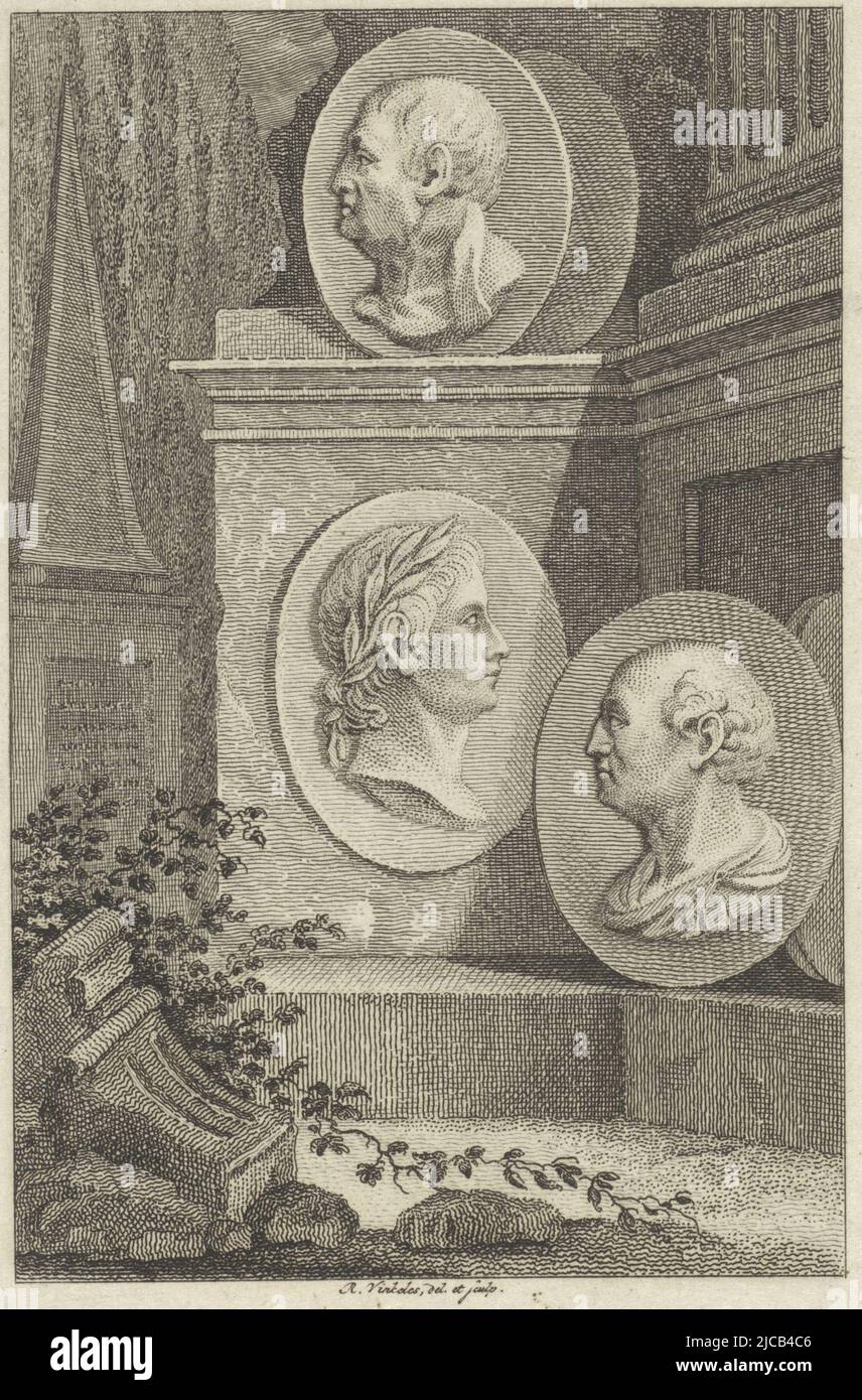 Medaglioni con ritratti dello statista ateniano Phocion, del principe romano Tiberio Claudius Nero e del politico romano Gaius Sempronius Gracchus, contro i plinti di pietra, medaglioni con ritratti di Phocion, Tiberio e Gaius Sempronius Gracchus, tipografo: Reinier Vinkeles (i cita), oggetto), Reinkeles (i) (i), Reinkeles) (i), oggetto) (i), Reinkeles) (i), oggetto), Reinken (i) (i), oggetto) (i), Reinkes (i) 1789 - 1809, carta, incisione, h 244 mm x l 151 mm Foto Stock