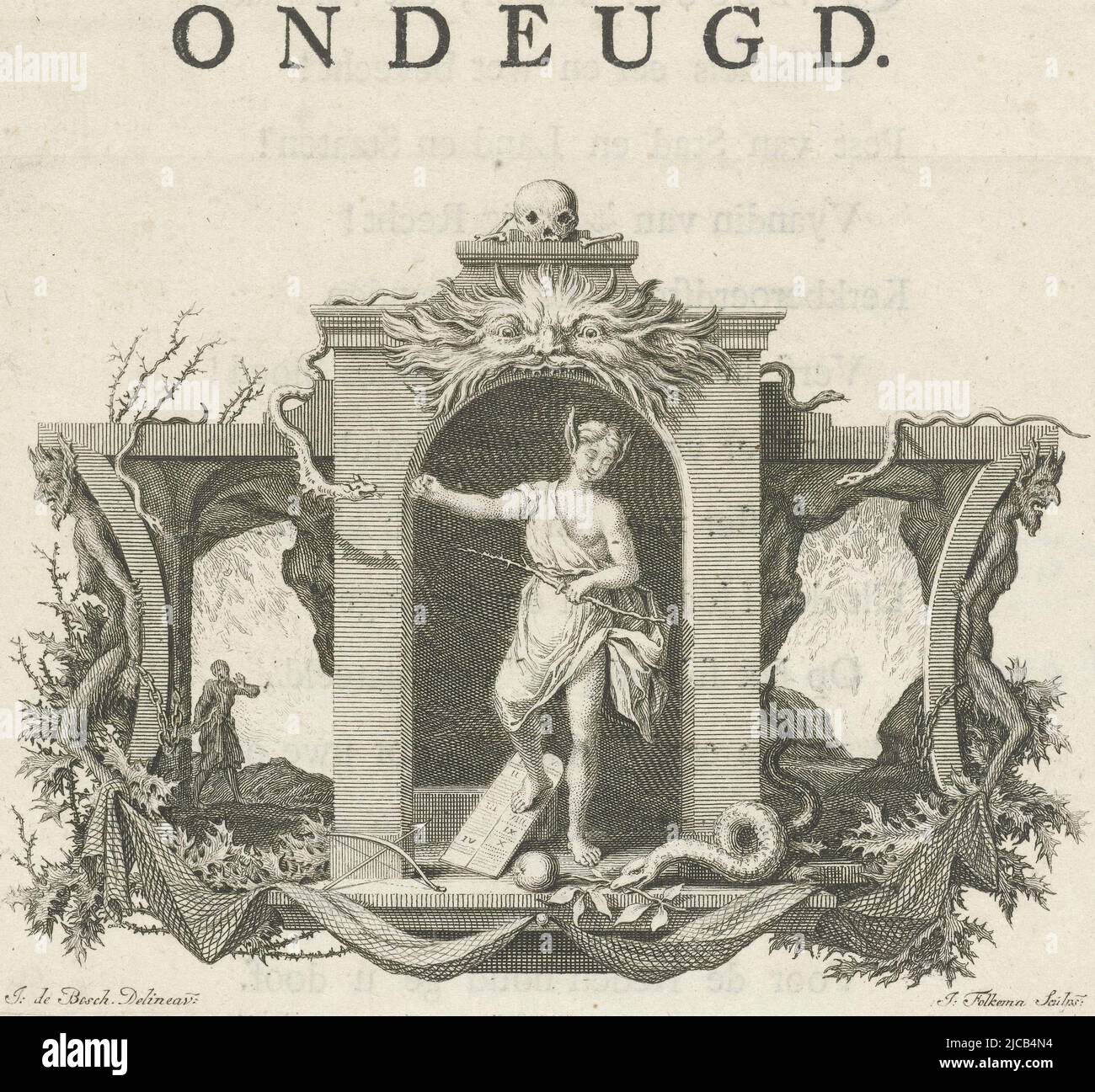Vignetta raffigurante il Vice personificato circondato da serpenti e rami spinosi, In cima alla cornice architettonica è un cranio virtù ha orecchie del diavolo e tiene un ramo con spine con il suo piede destro calci su due tavolette di pietra su cui i dieci Comandamenti sono scritti la stampa è parte di una serie di illustrazioni di libro su virtù e vizi, Vignette con la personificazione di Vice virtù e vizi , tipografo: Jacob Folkema, (menzionato sull'oggetto), disegnatore intermediario: Johannes de Bosch, (menzionato sull'oggetto), 1723 - 1767, carta, incisione, stampa su carta intestata, h 91 mm x l 120 mm Foto Stock