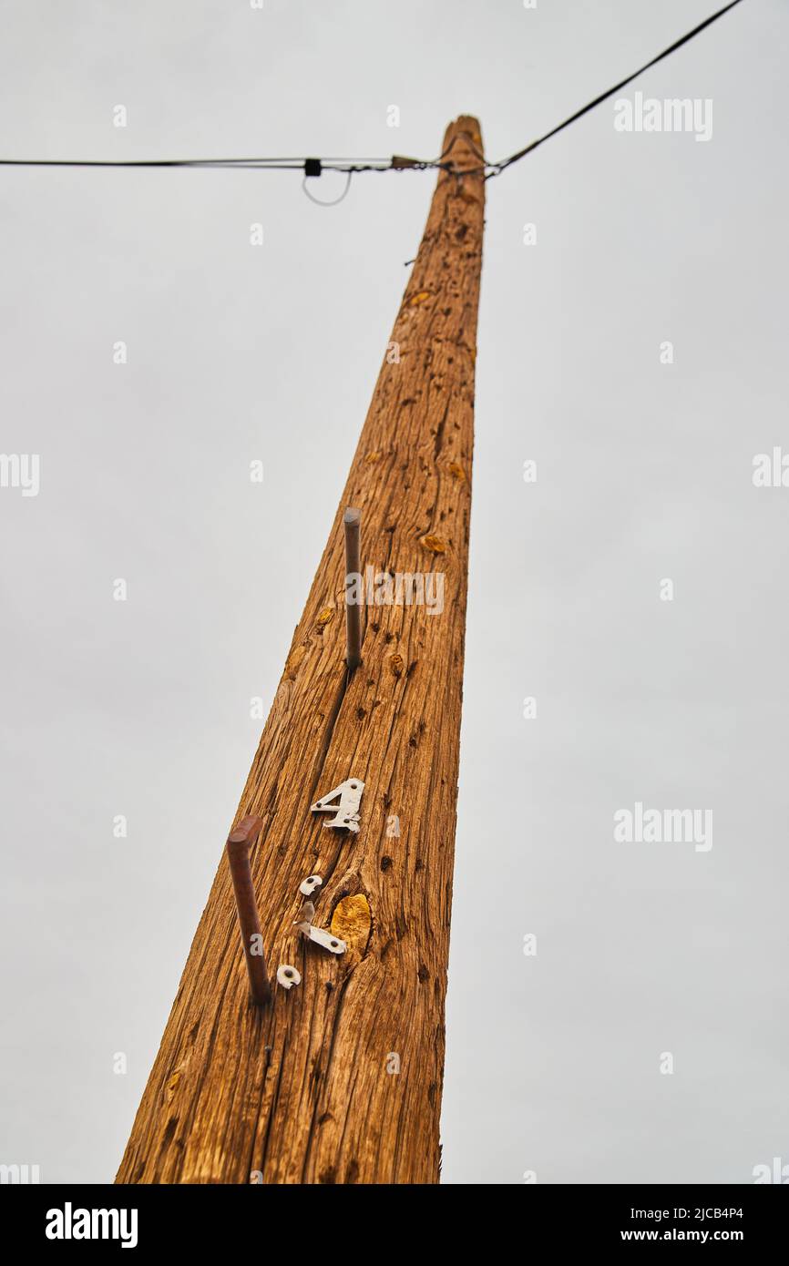 Guardando verso l'alto l'alimentazione del palo del telefono con il numero quattro Foto Stock
