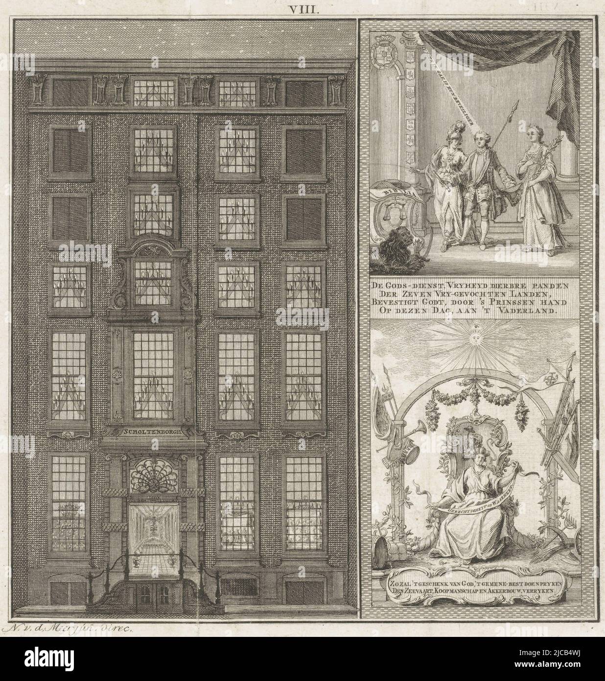 Le illuminazioni e le decorazioni applicate dietro le finestre della casa del signor Jan Agges Scholten van Aschat sul Buitenkant ad Amsterdam in occasione dell'invecchiamento del principe Willem V il 8 marzo 1766 sono numerate in alto: VIII, illuminazione della casa del sig. JA Scholten van Aschat ad Amsterdam, 1766, Noach van der Meer (II), (menzionato sull'oggetto), tipografo: Noach van der Meer (II), (laboratorio di), Paesi Bassi del Nord, 1774-1776, carta, incisione, incisione, h 185 mm - l 180 mm Foto Stock