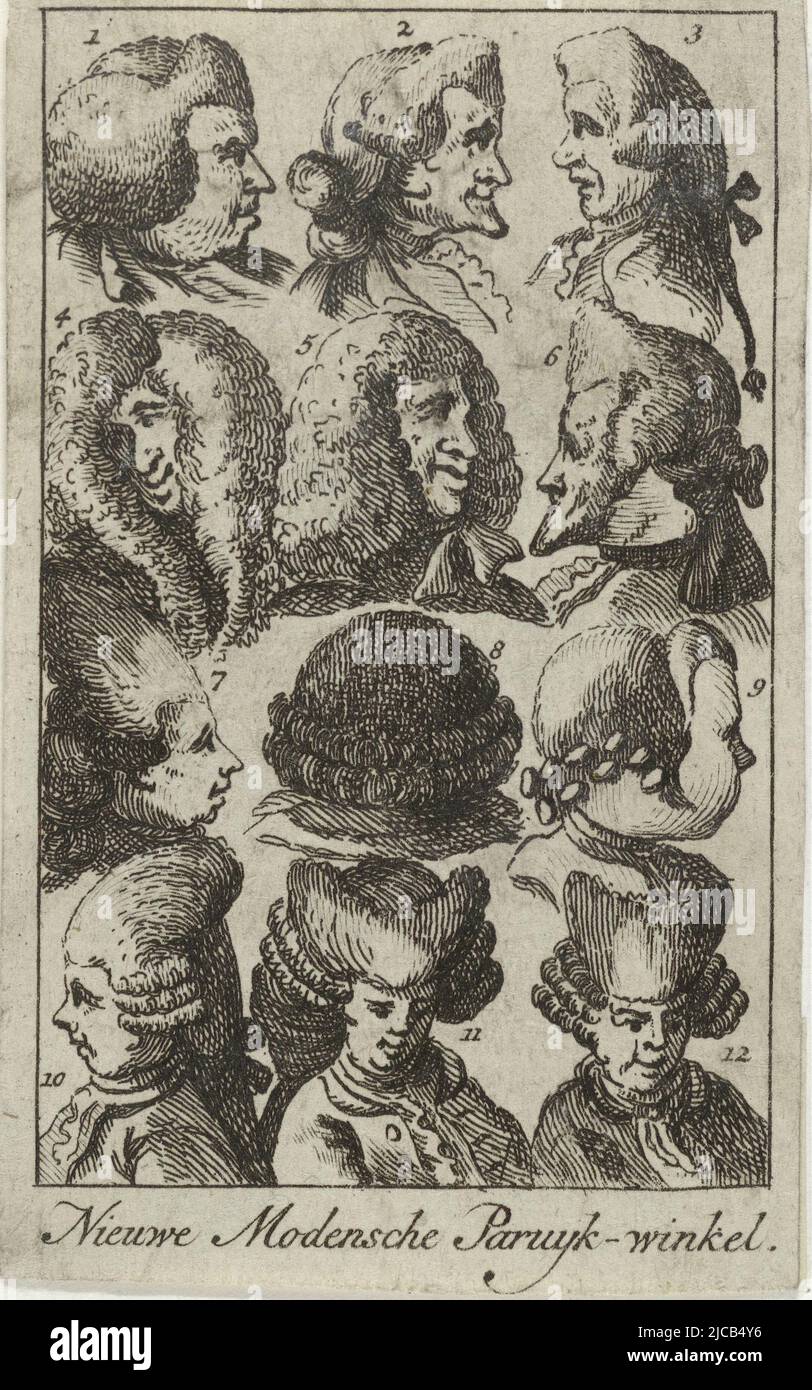 Dodici diverse parrucche da uomo, in quattro file di tre, New Modensche Paruyk store , tipografo: anonymous, 1700 - 1800, carta, incisione, a 90 mm x l 55 mm Foto Stock