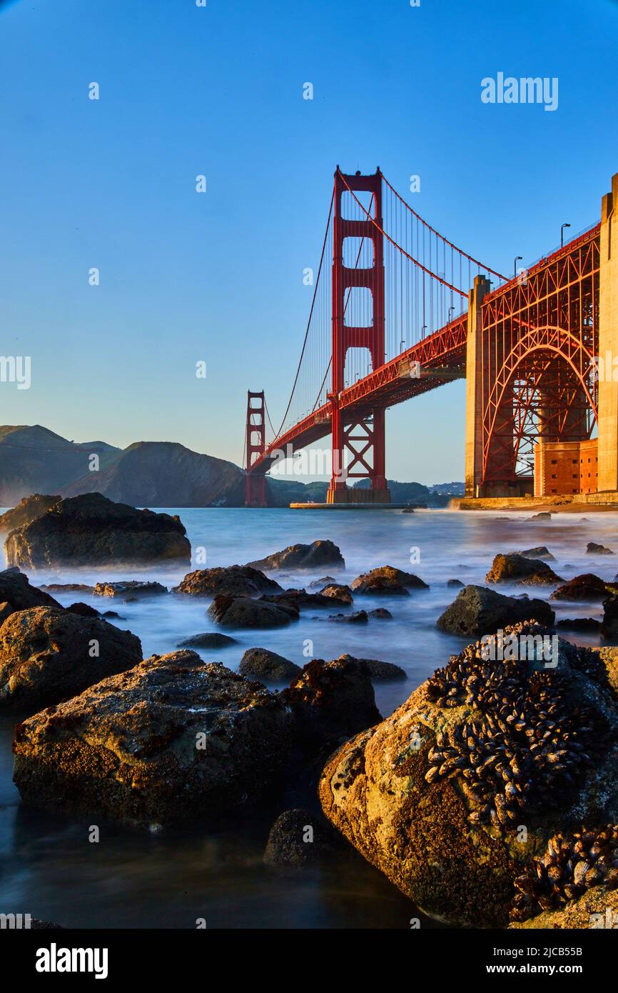 Cozze che coprono rocce al tramonto sulla spiaggia vicino al Golden Gate Bridge a San Francisco Foto Stock
