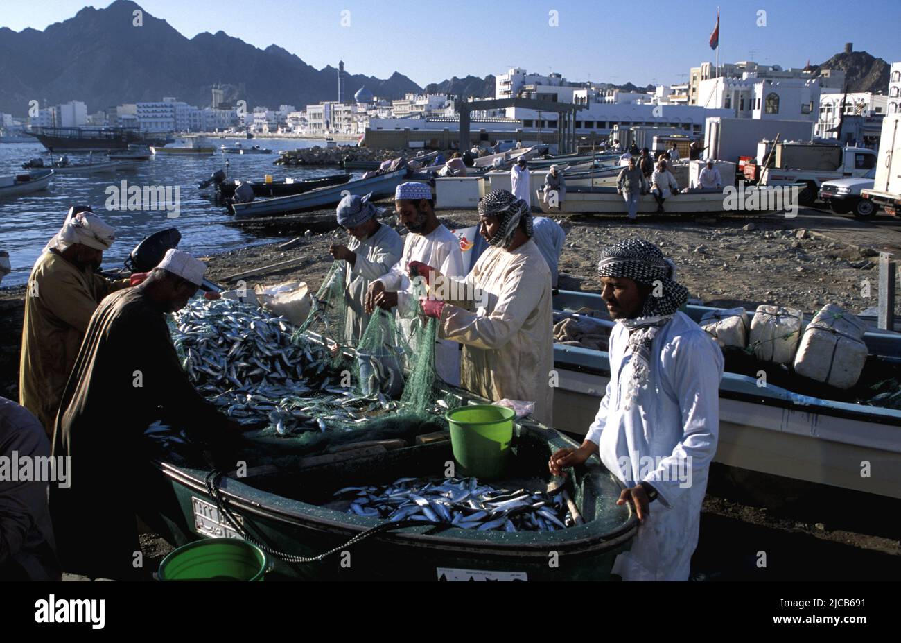 Pescatori che scaricano il pescato a Muttrah, Oman 1990s Foto Stock