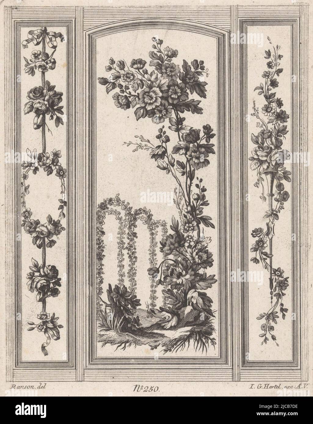 Tre pannelli oblungi con fiori, centrati in un paesaggio con archi floreali numero dell'editore 250, Pannelli con fiori, tipografo: anonimo, disegnatore intermedio: Pierre Ranson, (menzionato sull'oggetto), editore: Johann Georg Hertel (i), (menzionato sull'oggetto), Augsburg, 1746 - 1775, carta, incisione, h 225 mm x l 178 mm Foto Stock