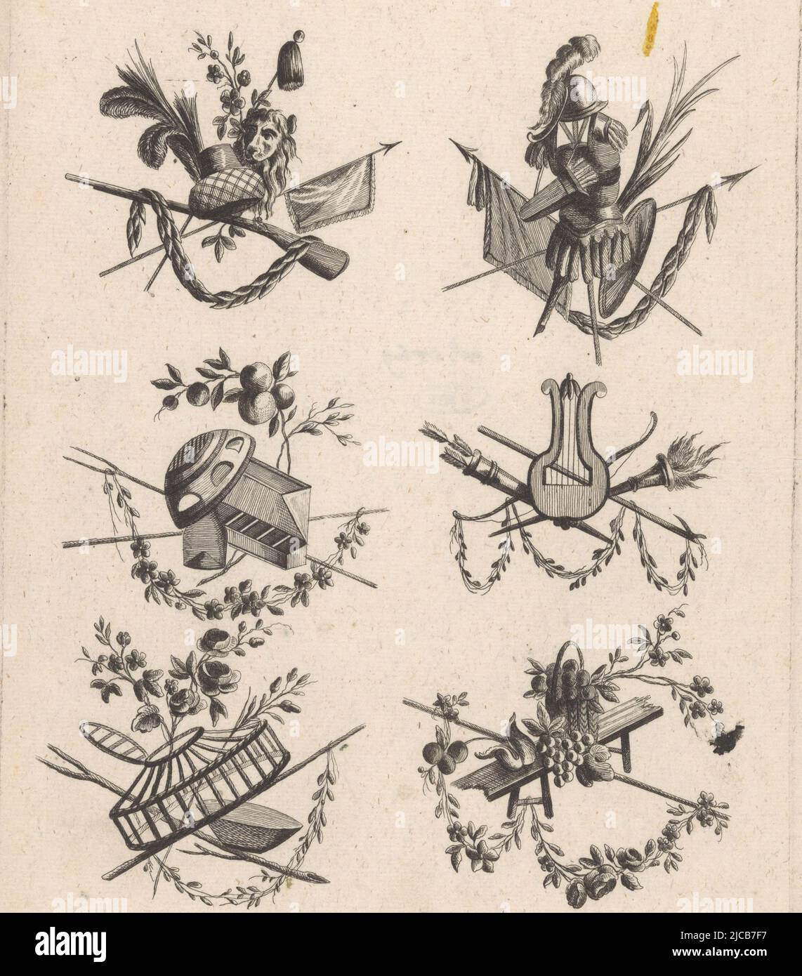 Sei trofei con vari attributi, tra cui un turbante, armi, armature, una lira, una torcia, Un fremito di frecce, una gabbia e uva, trofei con armatura, armi e lyre V Cahier De Trophh, tipografo: anonimo, disegnatore intermedio: Pierre Ranson, (menzionato sull'oggetto), editore: Johann Martin Will, (menzionato sull'oggetto), disegnatore: Parigi, editore: Augusta, 1746 - 1806, carta, incisione, h 294 mm x l 206 mm Foto Stock