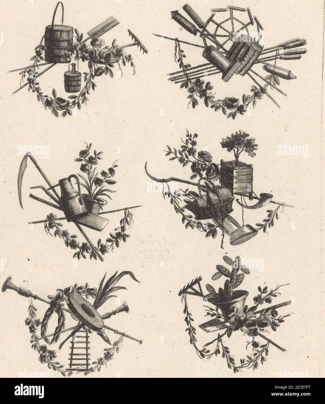 Sei trofei con razzi e attributi agricoli compresi secchi, rastrelli, pale, un falce, un annaffiatoio, un annaffiatoio, Una falce e una scala, Trofei con razzi e attributi agricoli V Cahier De Trophh, tipografo: anonimo, disegnatore intermedio: Pierre Ranson, (menzionato sull'oggetto), editore: Johann Martin Will, (menzionato sull'oggetto), disegnatore intermedio: Parigi, editore: Augsburg, 1746 - 1806, carta, incisione, h 289 mm x l 207 mm Foto Stock
