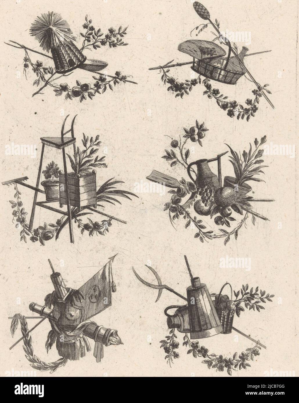 Sei trofei con un'imbracatura e oggetti agricoli compresi cesti, un tirso, uno sgabello, un rastrello, caraffe, Frutta e un bumper churn, Trofei con oggetti agricoli e un imbracatura V Cahier De Trophh, tipografo: anonimo, disegnatore intermedio: Pierre Ranson, (menzionato sull'oggetto), editore: Johann Martin Will, (menzionato sull'oggetto), disegnatore intermedio: Parigi, editore: Augusta, 1746 - 1806, carta, incisione, h 293 mm x l 205 mm Foto Stock