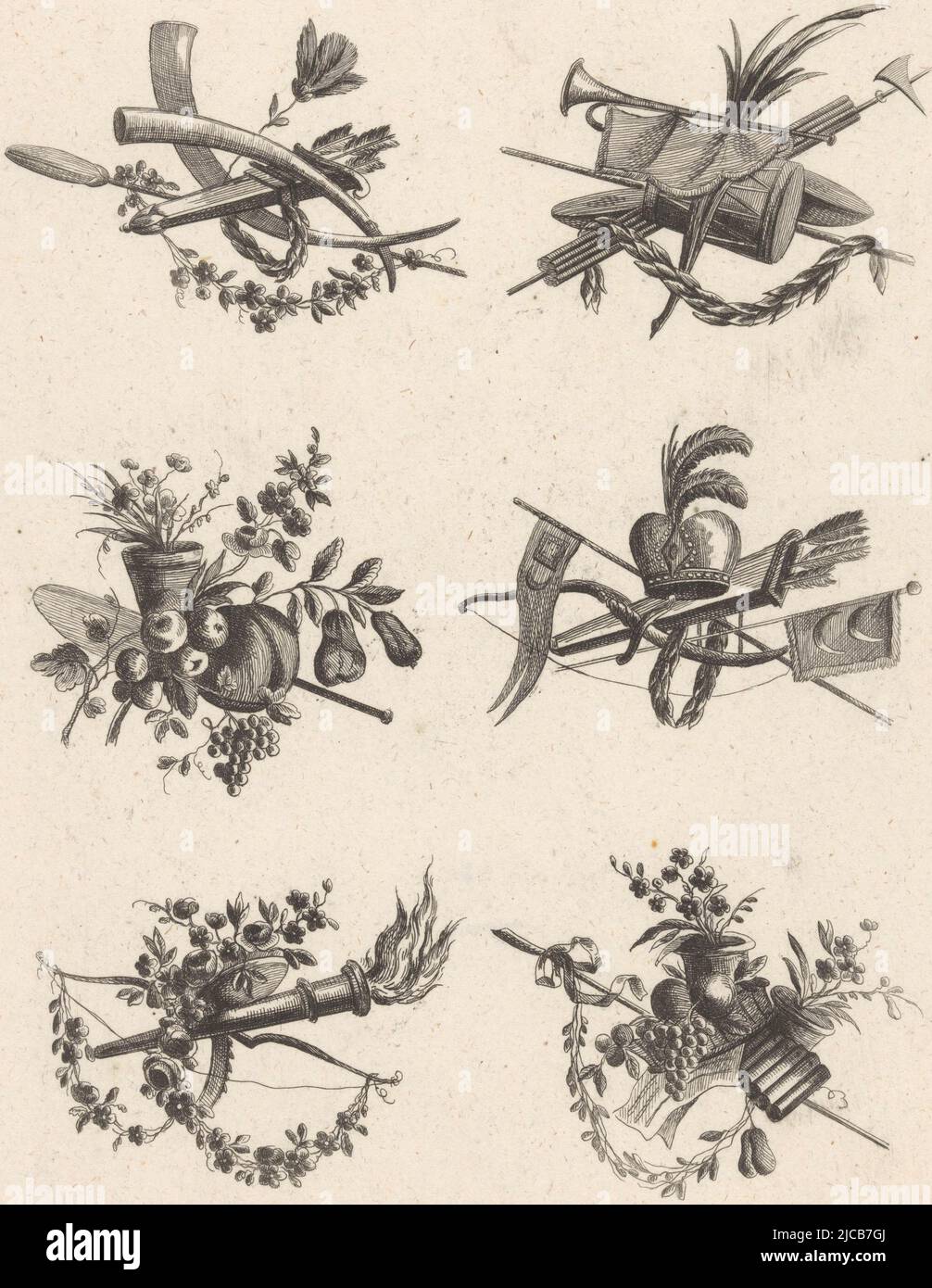 Sei trofei con frutta, fiori, strumenti musicali e armi come fremiti di frecce, a fasce una torcia e un arco, Trofei con frutta e armi V Cahier De Trophh, tipografo: anonimo, disegnatore intermedio: Pierre Ranson, (menzionato sull'oggetto), editore: Johann Martin Will, (menzionato sull'oggetto), disegnatore intermedio: Parigi, editore: Augusta, 1746 - 1806, carta, incisione, h 287 mm x l 206 mm Foto Stock
