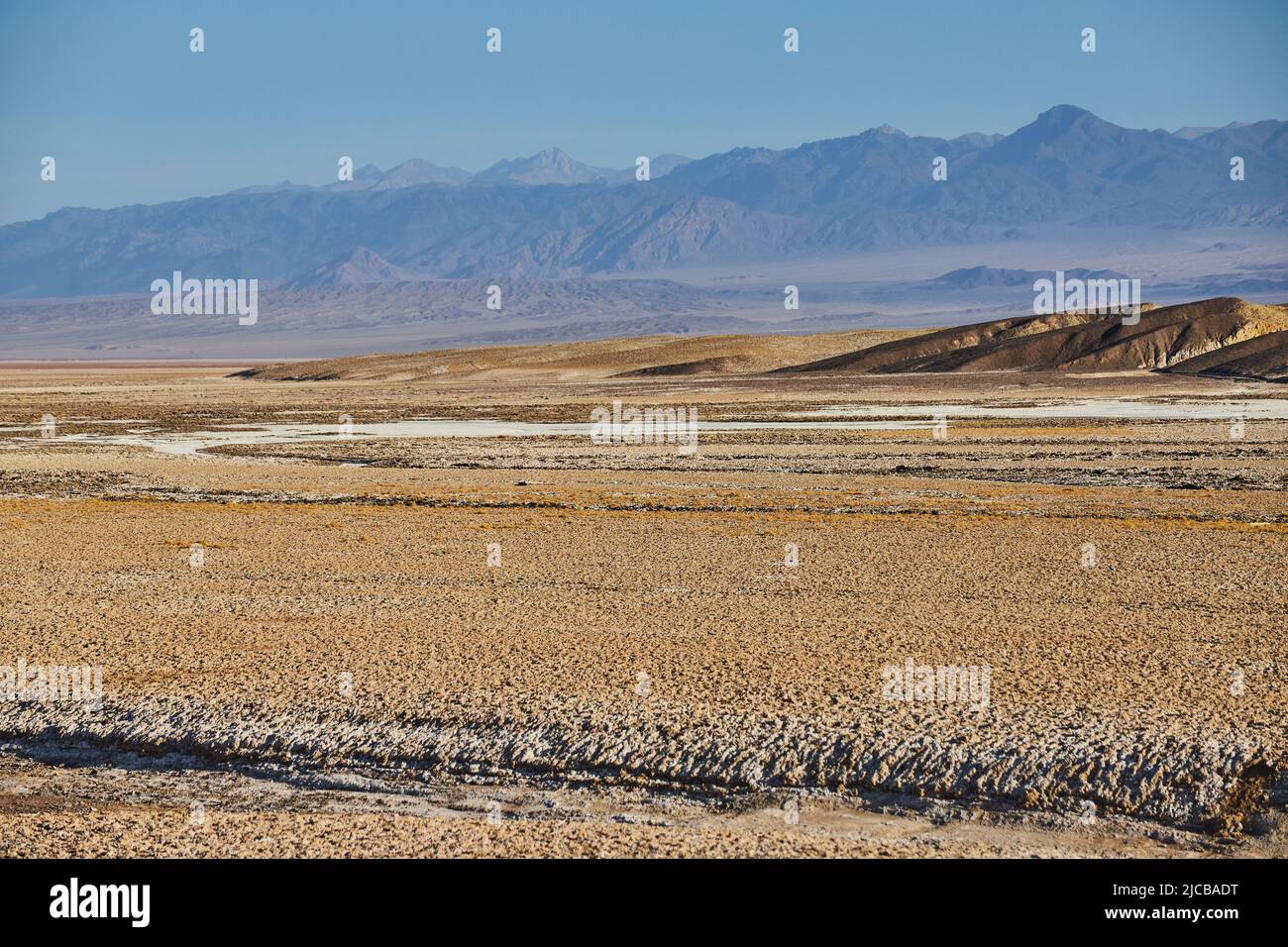 Pianure desertiche aperte con montagne in lontananza Foto Stock