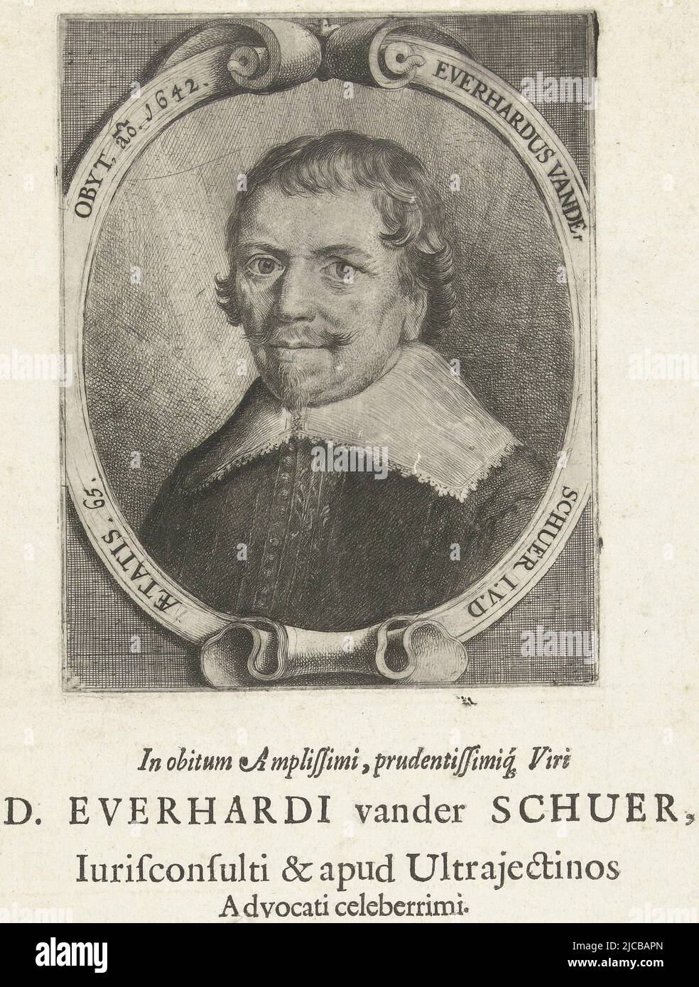 Ritratto di Everhard van der Schuer all'età di 65 anni, busto in cornice ovale con scrollwork sotto il ritratto è un poema letterpress dello scrittore Caspar van Baerle, Ritratto di Everhard van der Schuer di 65 anni Everhardus vande Schuer LVD Aetatis 65 Obyt ao 1642 , tipografo: Jan Gerritsz. Van Bronckhorst, Caspar van Baerle, (citato in oggetto), Paesi Bassi, 1642-1661, carta, incisione, stampa su carta intestata, h 157 mm x l 125 mm, h 326 mm x l 189 mm Foto Stock