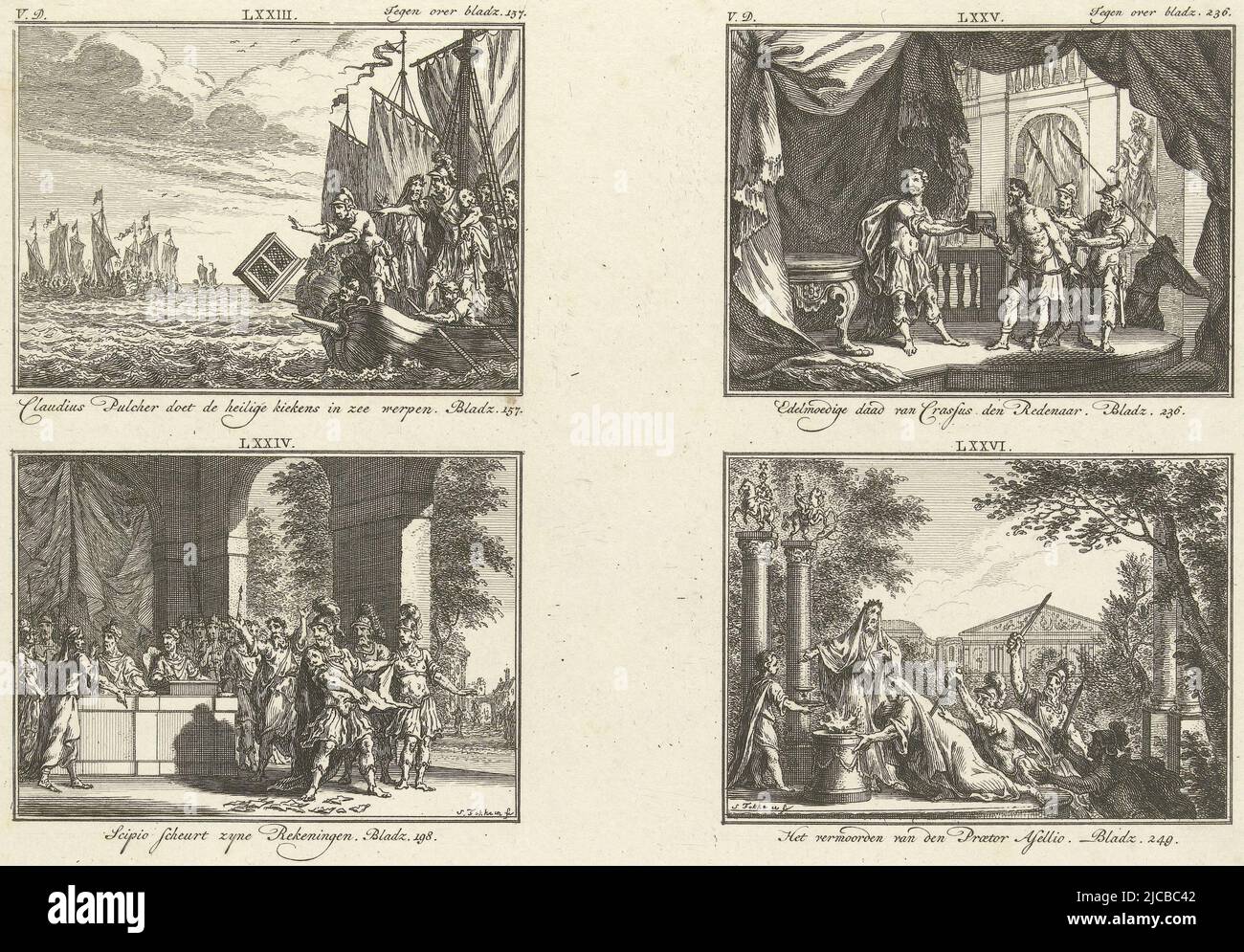 Quattro illustrazioni della storia classica da un piatto, numerate da LXXIII a LXXVI e tutte con didascalie in alto a sinistra: Il pulcher Claudius getta polli nel mare in basso a sinistra: Scipio strappa le fatture in alto a destra: Nobile atto di Crasso in basso a destra: Omicidio del pretore Asello immagini LXXIII e LXXIV in alto a destra: Pagina opposta 137 immagini LXXV e LXXVI in alto a destra: Di fronte alla pagina 236, quattro rappresentazioni della storia classica illustrazioni della storia classica, tipografia: Simon Fokke, (menzionato sull'oggetto), Simon Fokke, (menzionato sull'oggetto), Amsterdam, 1722 - 1784, carta Foto Stock
