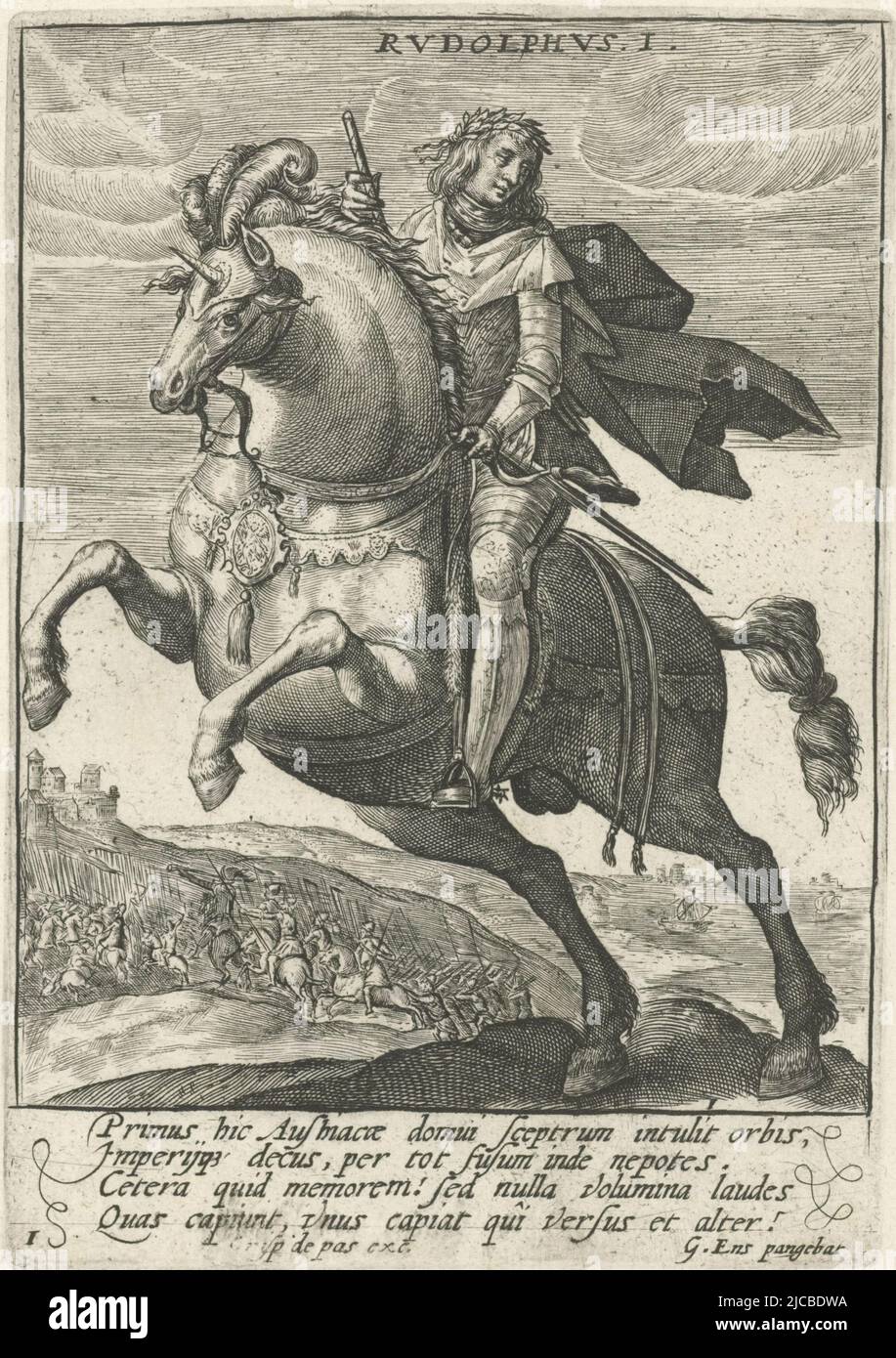 Rudolf i di Asburgo, imperatore tedesco, a cavallo sullo sfondo il suo esercito e castello di famiglia gli Asburgo al margine una didascalia di quattro righe in latino Stampa da una serie che mostra gli imperatori tedeschi a cavallo, Rudolf i di Asburgo a cavallo RvdolphvsI imperatori tedeschi a cavallo Romani imperatores Domo Austria , tipografo: Crispijn van de Passe (i), G. Ens, (menzionato in oggetto), editore: Crispijn van de Passe (i), (menzionato in oggetto), Colonia, 1604, carta, incisione, a 145 mm x l 100 mm Foto Stock