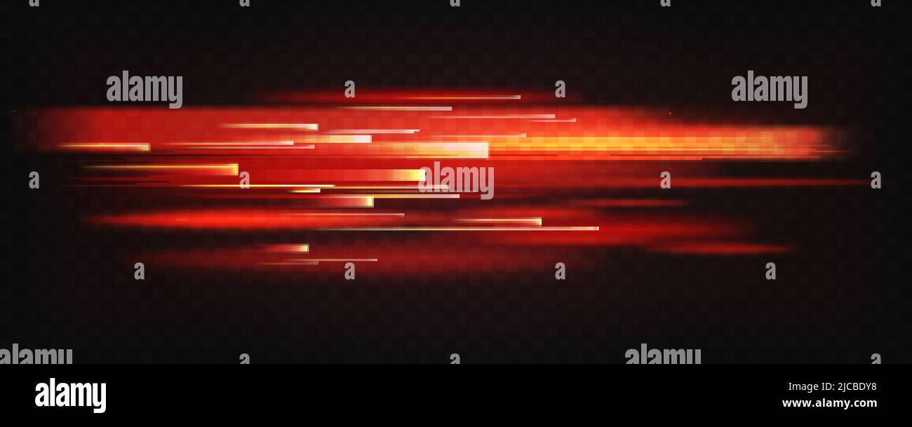 Fuoco rosso plazma movimento neon linee, luccicante effetto luce vettore illustrazione. Sfocatura astratta di raggi laser ad energia luminosa e percorsi colore, velocità dinamica raggi lucidi flusso e lucentezza su sfondo scuro Illustrazione Vettoriale