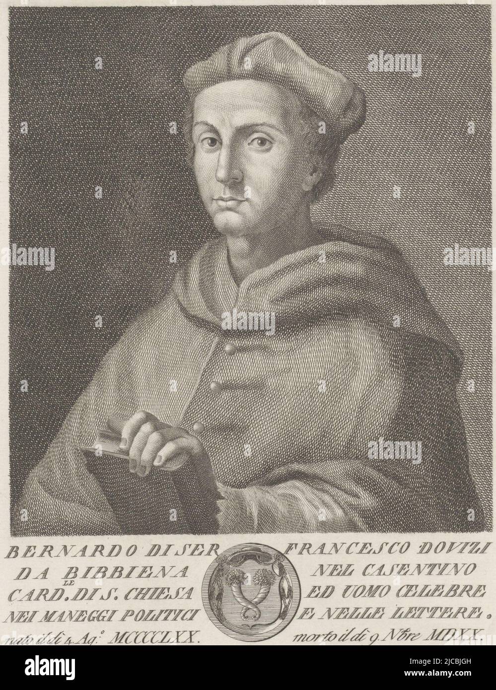 Ritratto del Cardinale Bernardo Dovizzi Bibiena, con un libro sotto il ritratto un testo in italiano e uno stemma in una cornice circolare, Ritratto di Bernardo Dovizzi ritratti di italiani famosi con stemma in basso margine , tipografo: Francesco Allegrini, (menzionato in oggetto), disegnatore intermedio: Giuseppe Zocchi, (citato in oggetto), Agnolo Antonelli, (citato in oggetto), Italia, 1766, carta, incisione, h 298 mm x l 204 mm Foto Stock
