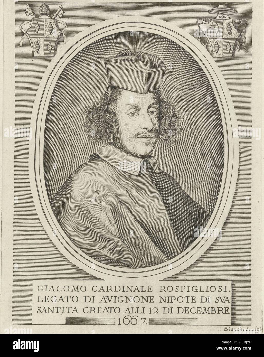 In alto a sinistra e in alto a destra uno stemma, Ritratto del cardinale Giacomo Rospigliosi Ritratti di Cardinali con due stemmi Effigies , tipografo: Giulio Cesare Bianchi, (menzionato in oggetto), Italia, 1771 - 1781, carta, incisione, a 206 mm x l 151 mm Foto Stock