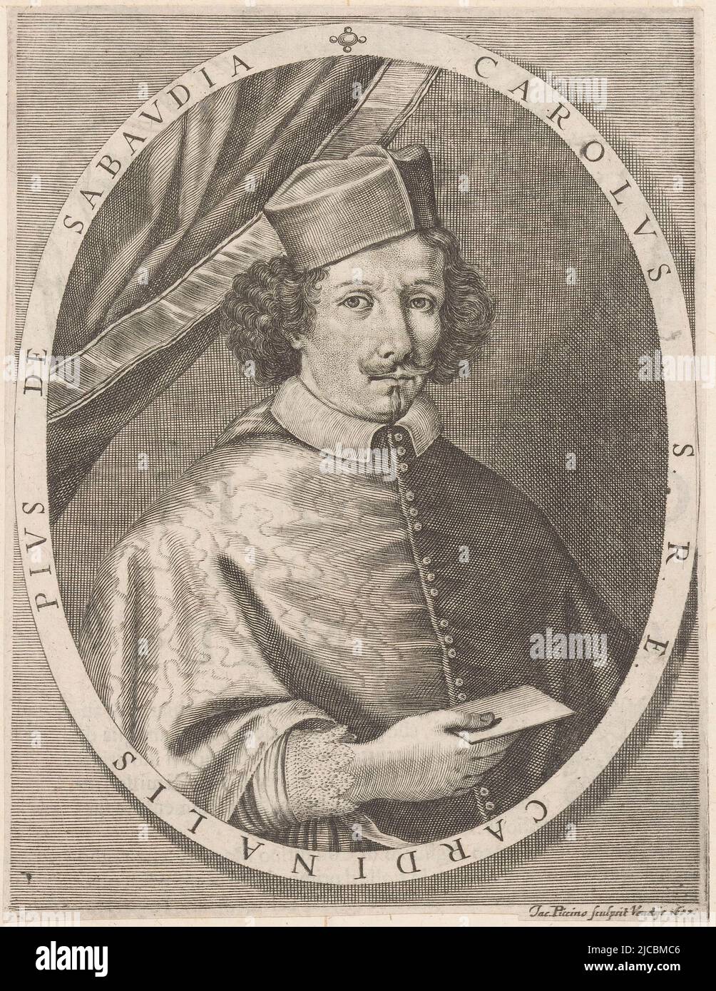 Ritratto del cardinale Carlo Pio, tipografo: Giacomo Piccini, (citato in oggetto), editore: Andrea Giuliani, Venezia, 1657 e/o 1659, carta, incisione, stampa tipografica, h 183 mm - l 141 mm Foto Stock