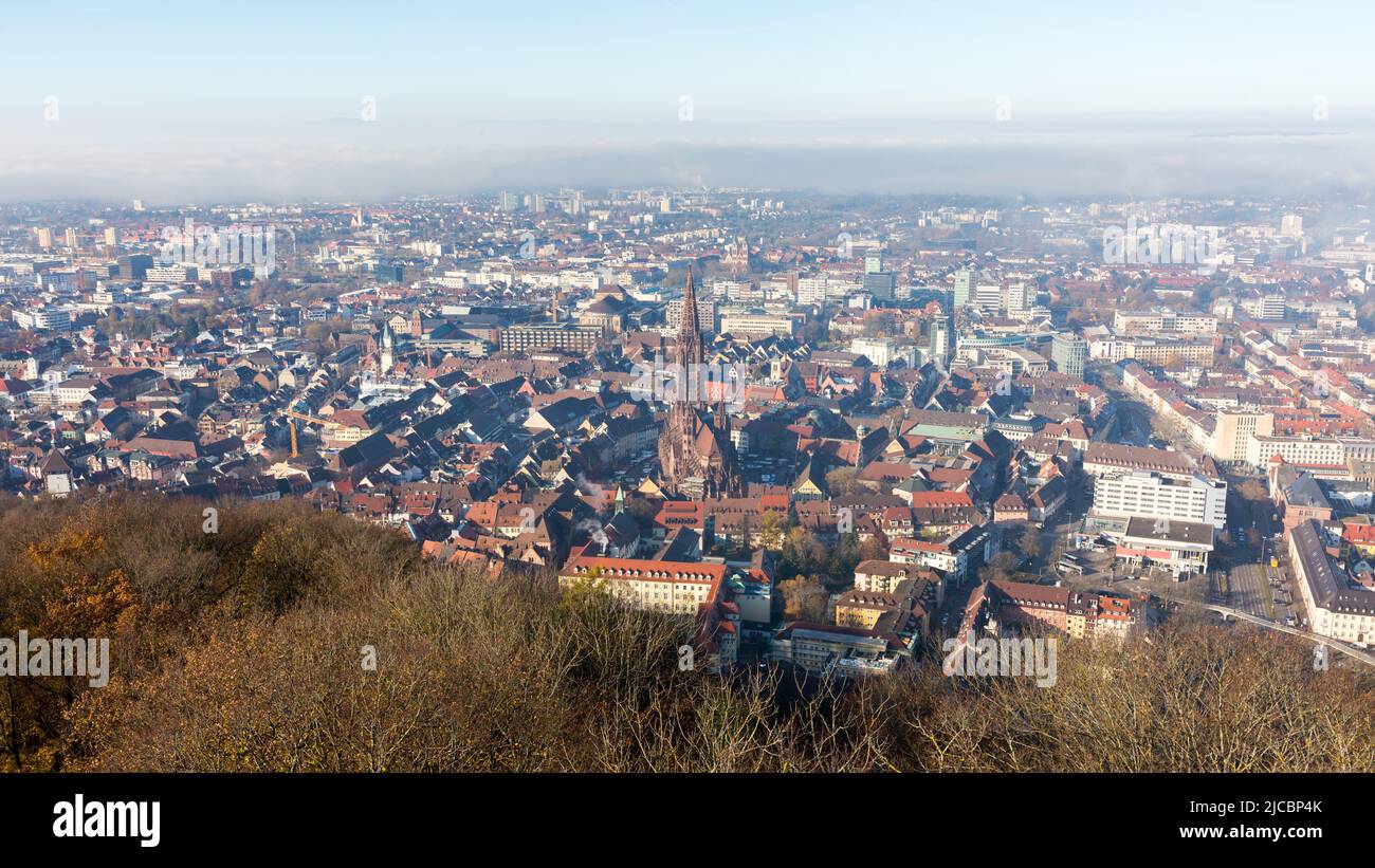 Friburgo, Germania - Nov 19, 2021: Vista panoramica sulla città di Friburgo. Con Freiburger Münster (Friburgo Minster) al centro. Foto Stock