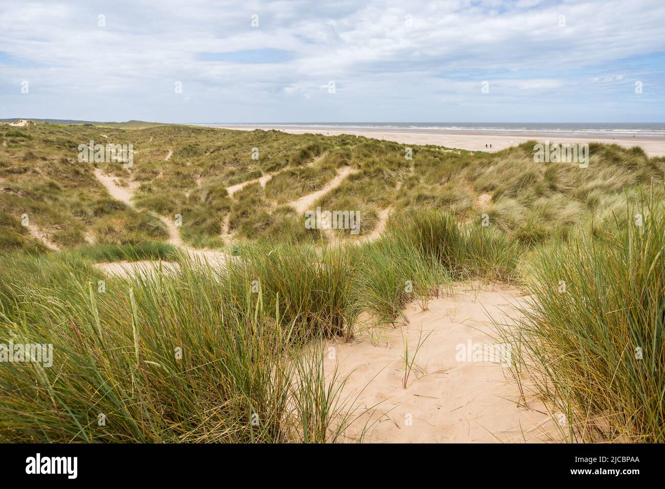 Percorsi su e giù sopra le dune di sabbia che costeggiano Ainsdale Beach vicino Southport. Foto Stock