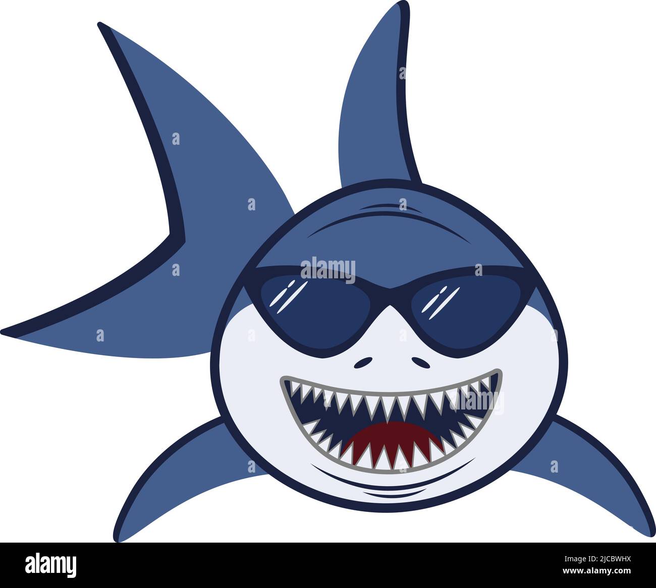 Carino Cartoon disegno Vector di uno squalo blu e bianco con denti affilati e occhiali da sole su sfondo bianco Illustrazione Vettoriale