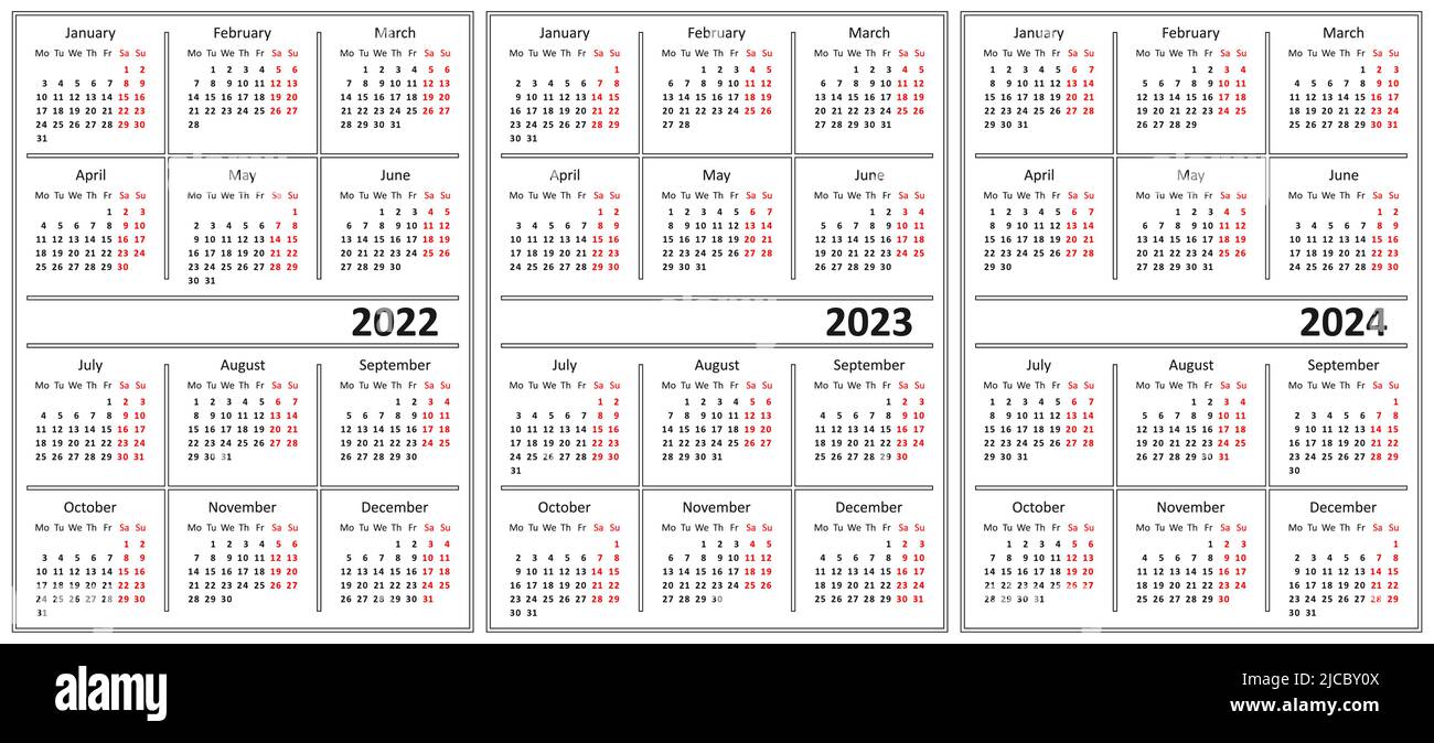 Modello di calendario di colore bianco. Calendario 2022, 2023 e 2024. La settimana inizia il lunedì. Illustrazione Vettoriale