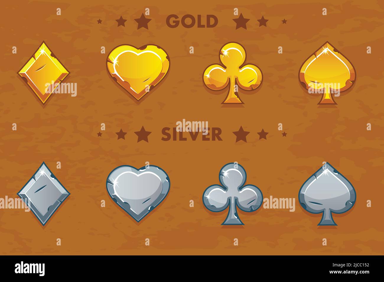 Peak, tref, chirva e tamburello, vecchi simboli di poker d'oro e d'argento Illustrazione Vettoriale