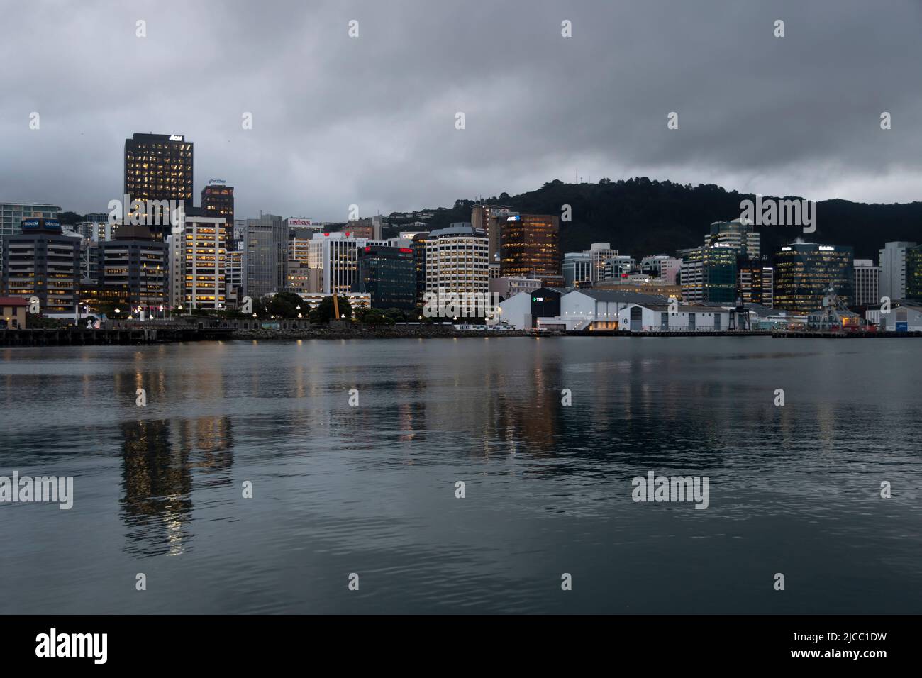 Porto di Wellington e CBD di notte, Isola del Nord, Nuova Zelanda Foto Stock