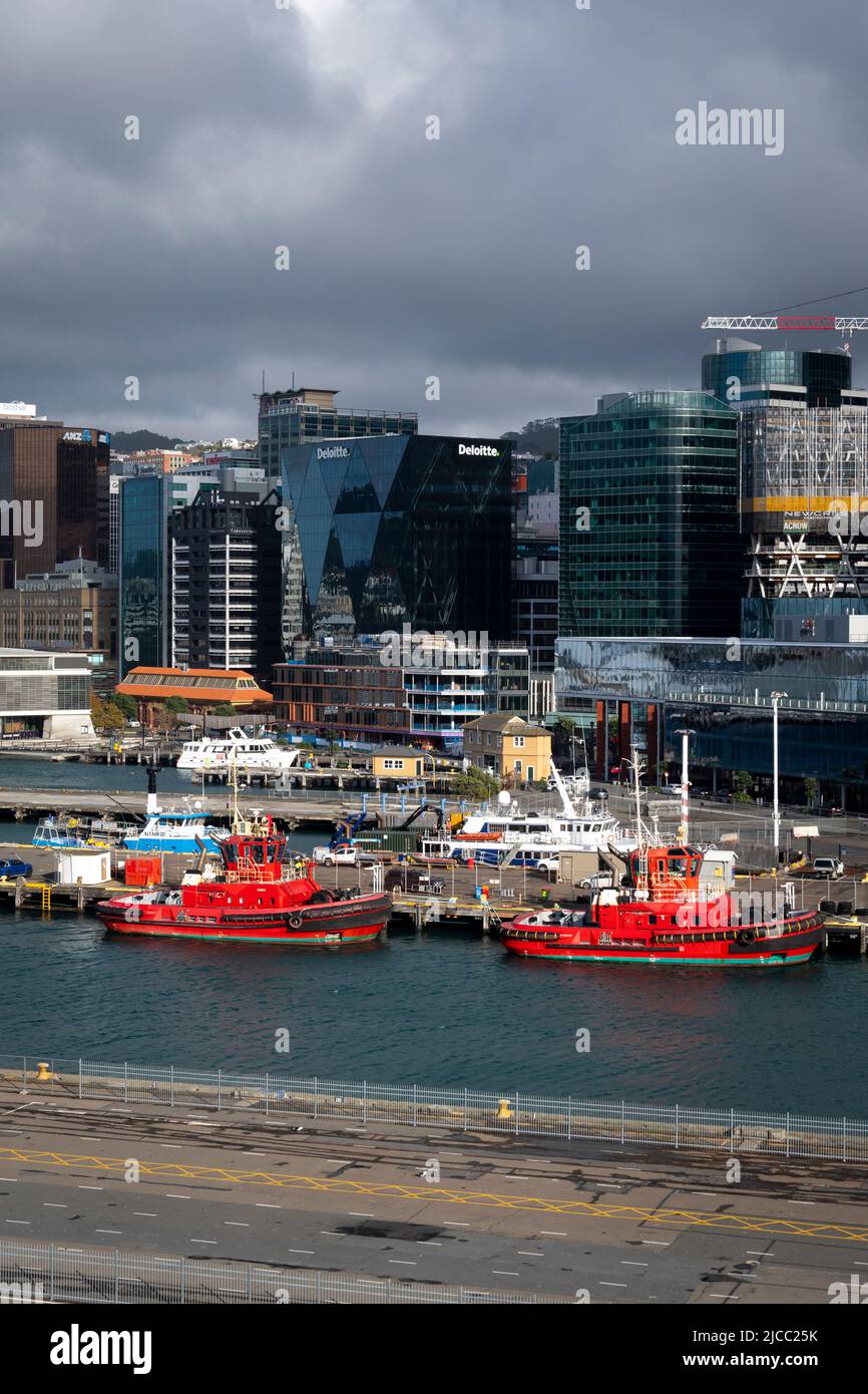 Alti edifici sul lungomare, Wellington, Isola del Nord, Nuova Zelanda Foto Stock