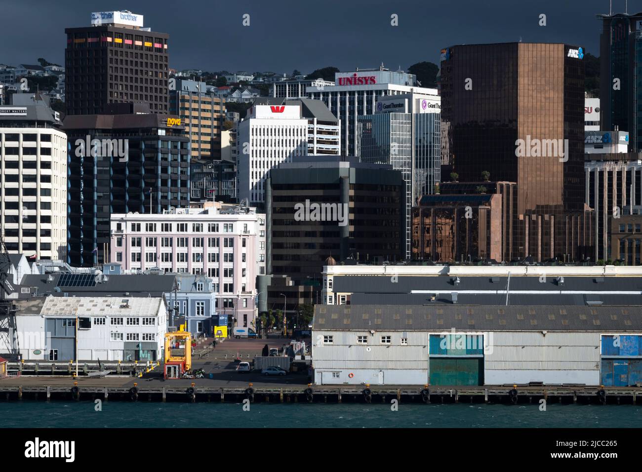 Alti edifici sul lungomare, Wellington, Isola del Nord, Nuova Zelanda Foto Stock