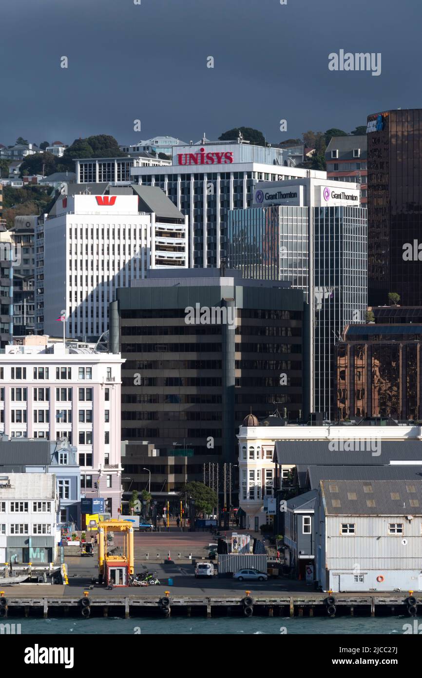 Alti edifici sul lungomare, Wellington, Isola del Nord, Nuova Zelanda Foto Stock