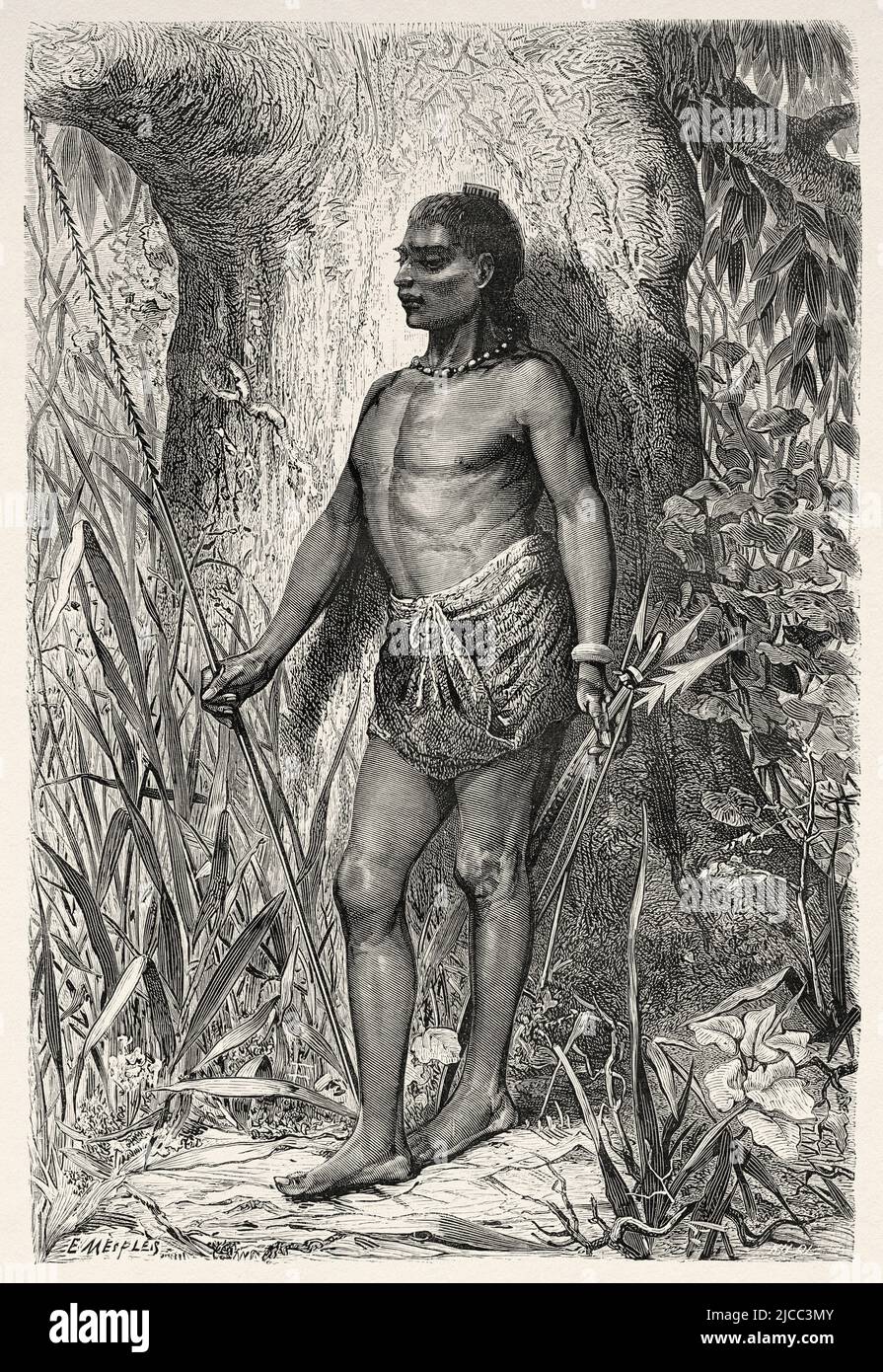 Dodinga uomo aborigeno nativo con arco e frecce e una lancia. Isole Molucche, Indonesia. Viaggio a Papua Nuova Guinea con Achille Raffray 1876-1877. Le Tour du Monde 1879 Foto Stock