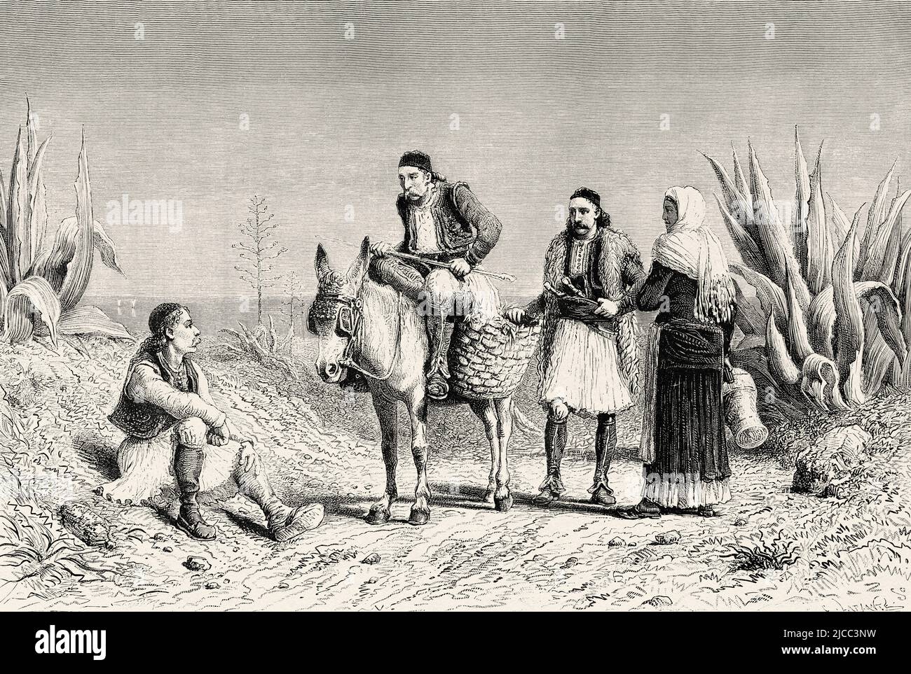 Contadini greci sulla strada per Messinia, Peloponneso, Grecia. Europa. Viaggio in Grecia, 1861-1868-1874, di Henri Belle. Le Tour du Monde 1879 Foto Stock