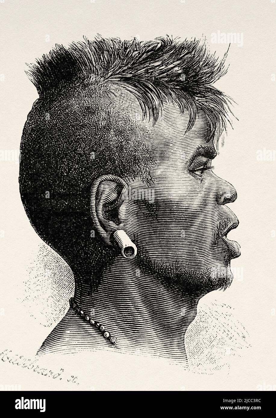 Uomo nativo dell'altopiano di Bolaven, provincia di Champassak. Laos. Sud-est asiatico. Laos e le popolazioni selvagge di Indo-Cina dal Dott. Harmand 1877 Foto Stock