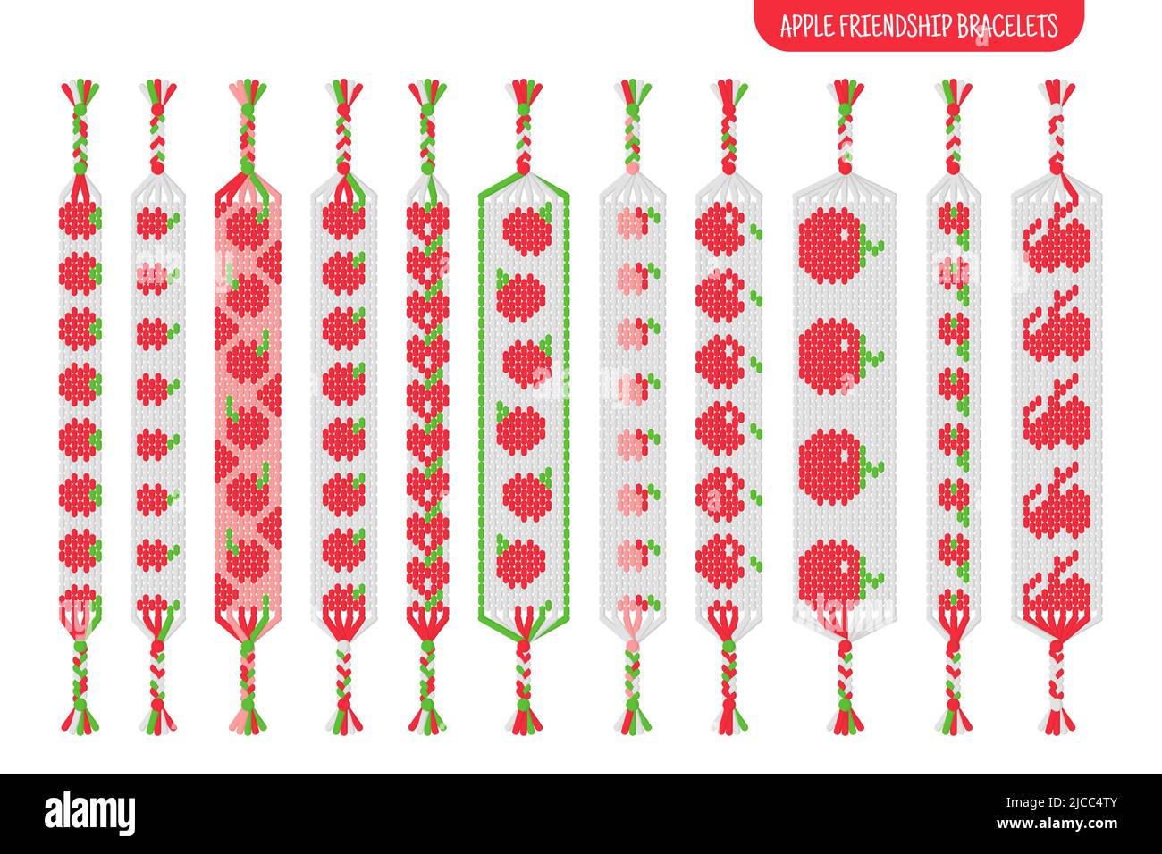 Bracciali di amicizia di mela rossa fatti a mano insieme di fili o perle. Macrama tutorial pattern normale. Illustrazione isolata del cartone animato vettoriale. Illustrazione Vettoriale