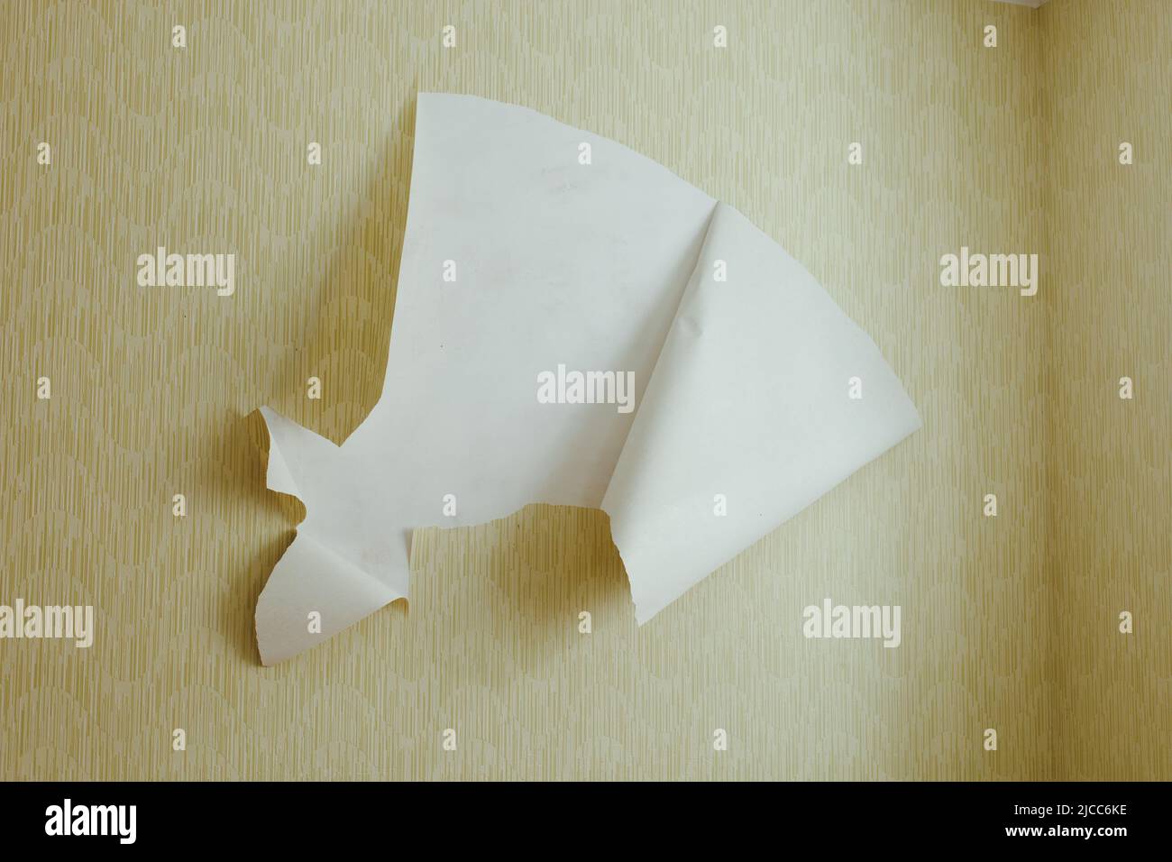 Strappato fuori pezzi di carta da parati gialla a strisce che si stacca su pavimento marrone di legno. Scarti, smantellamento, ridecorazione domestica. Foto Stock