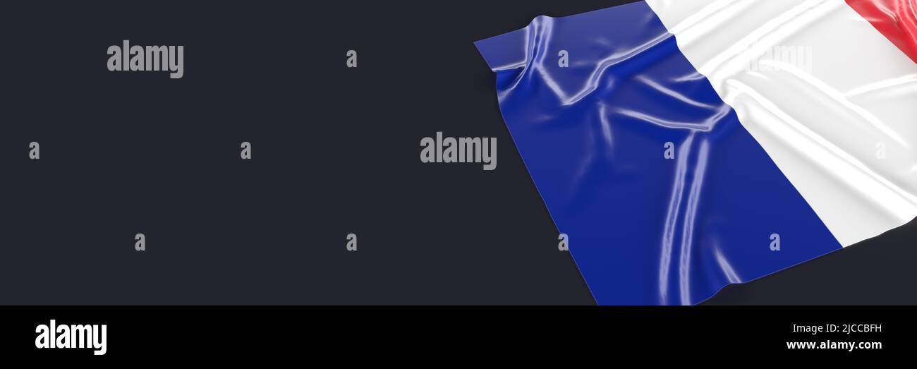 Bandiera francese su sfondo nero, tracciato di ritaglio. Illustrazione in chiaro e serico 3D. Primo piano sulla bandiera di un paese sventolante. Bandiera del simbolo nazionale della Francia Foto Stock
