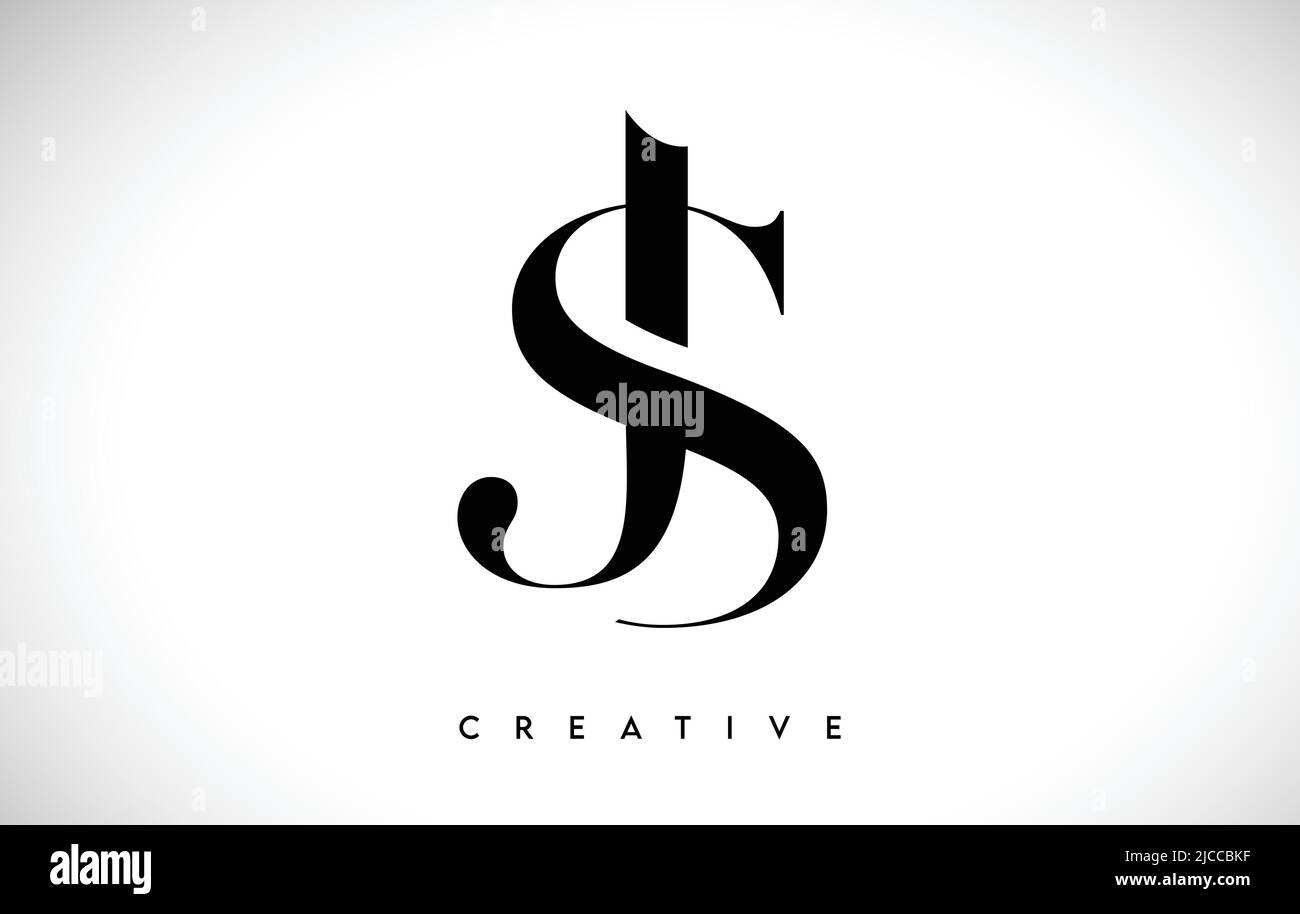 JS disegno artistico del logo della lettera con carattere Serif creativo in bianco e nero illustrazione vettoriale Illustrazione Vettoriale