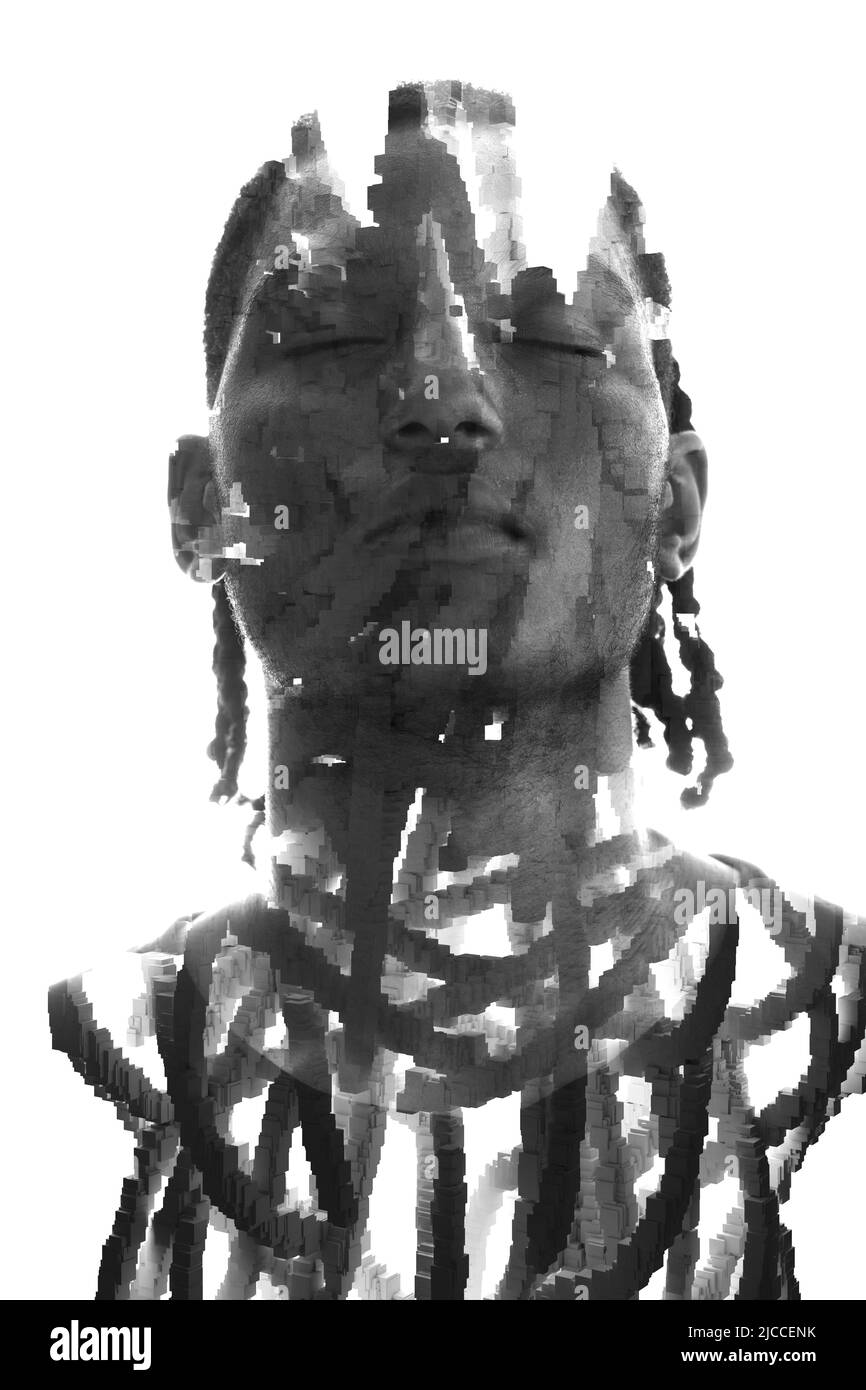 Immagine generata digitalmente combinata con un ritratto di un uomo nero Foto Stock
