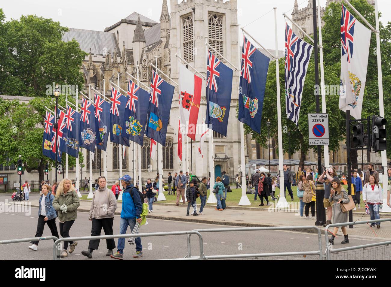 Bandiere nazionali dei paesi di ricchezza comune che sbattono nel vento in piazza del Parlamento durante la celebrazione del fine settimana del giubileo del platino della regina Inghilterra UK Foto Stock