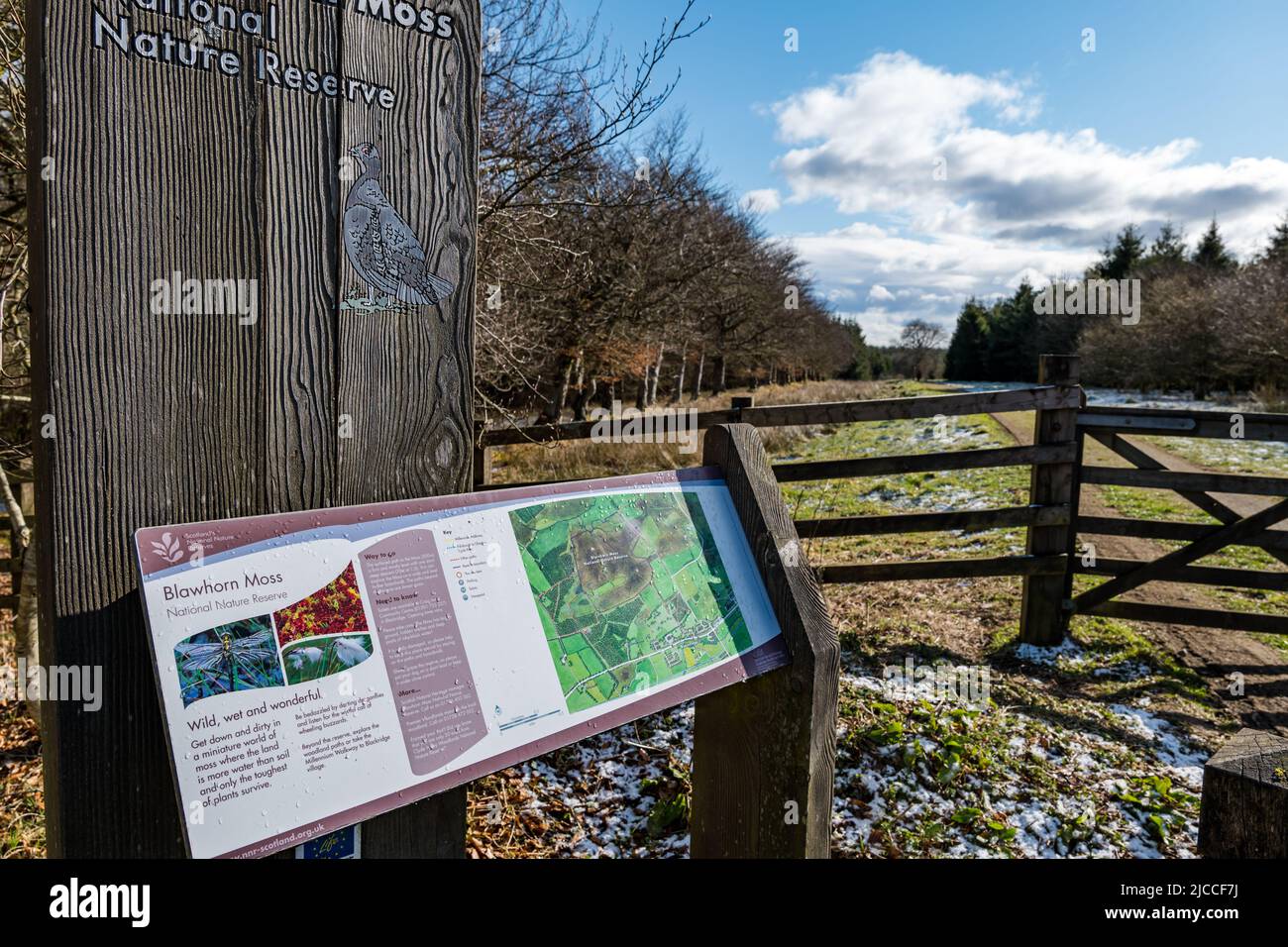 Informazioni sull'ingresso a bordo presso la riserva naturale nazionale Blawhorn Moss, West Lothian, Scozia, Regno Unito Foto Stock