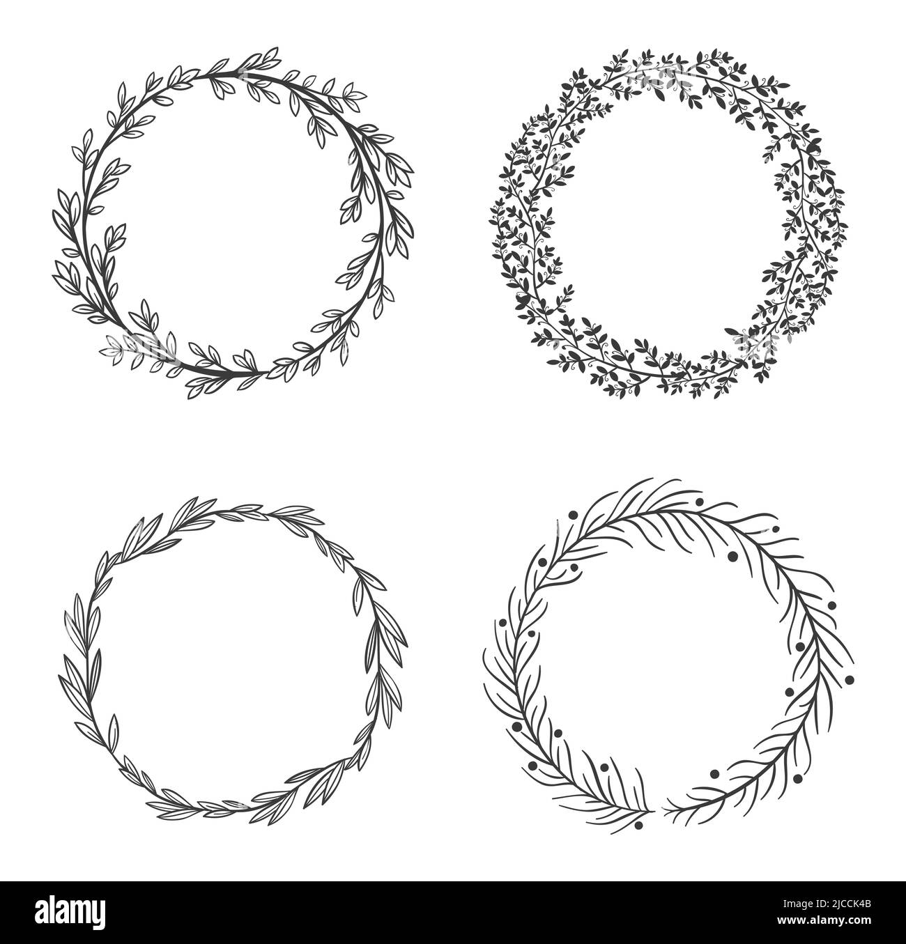 Riquadri a lamelle circolari. Bordi naturali rotondi neri, corona floreale posta isolata su bianco,. Elementi botanici con fogliame Illustrazione Vettoriale