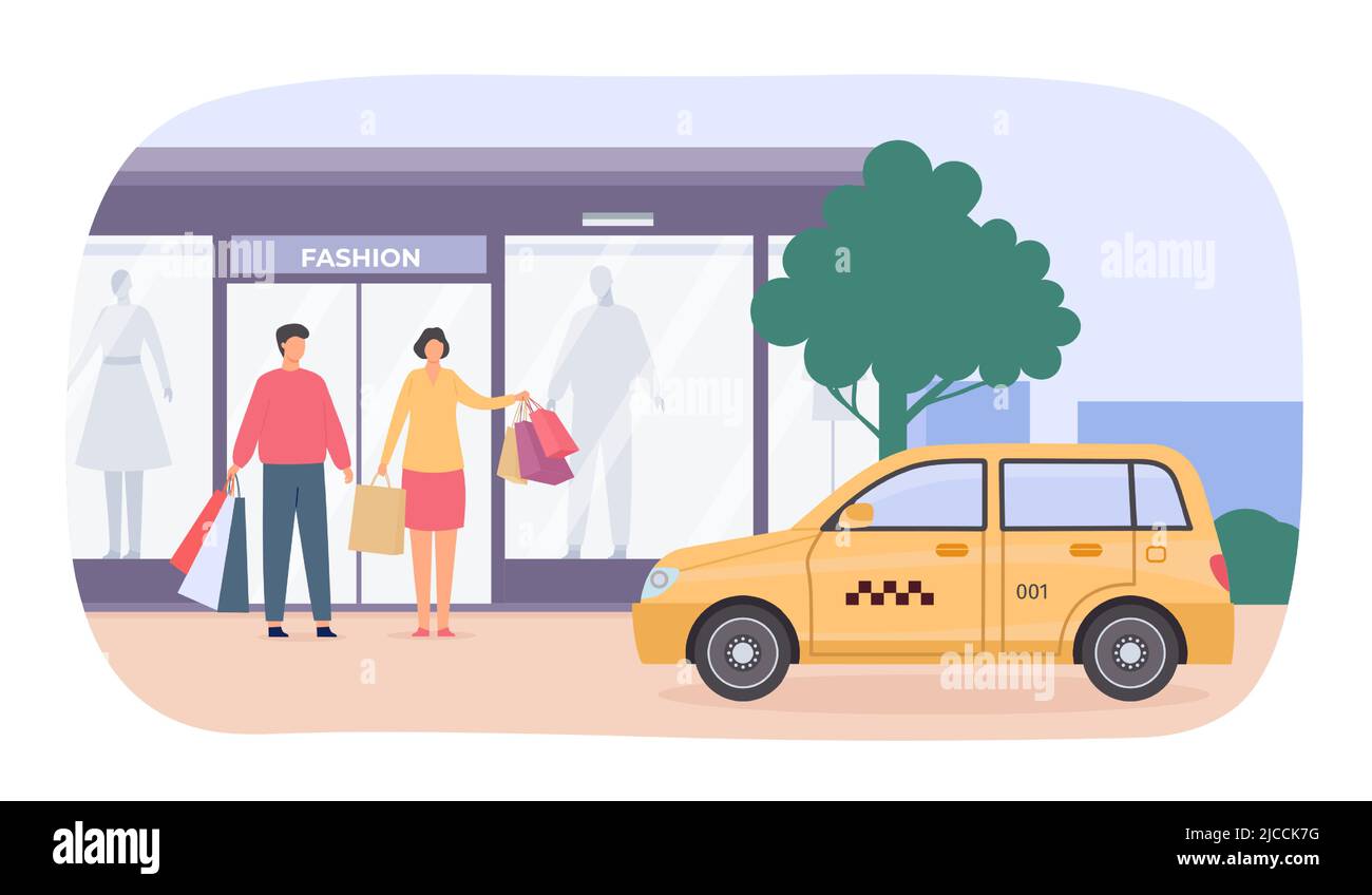 Cliente taxi città. Personaggi uomo e donna con borse per la spesa che ordinano cabine gialle. Servizio di trasporto città Cartoon Illustrazione Vettoriale