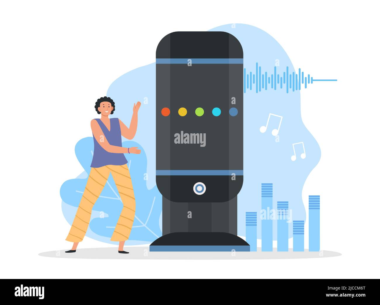 Altoparlante intelligente interattivo. Piccola donna in piedi vicino al comando vocale assistente di riproduzione di musica. Dispositivo con riconoscimento vocale Illustrazione Vettoriale